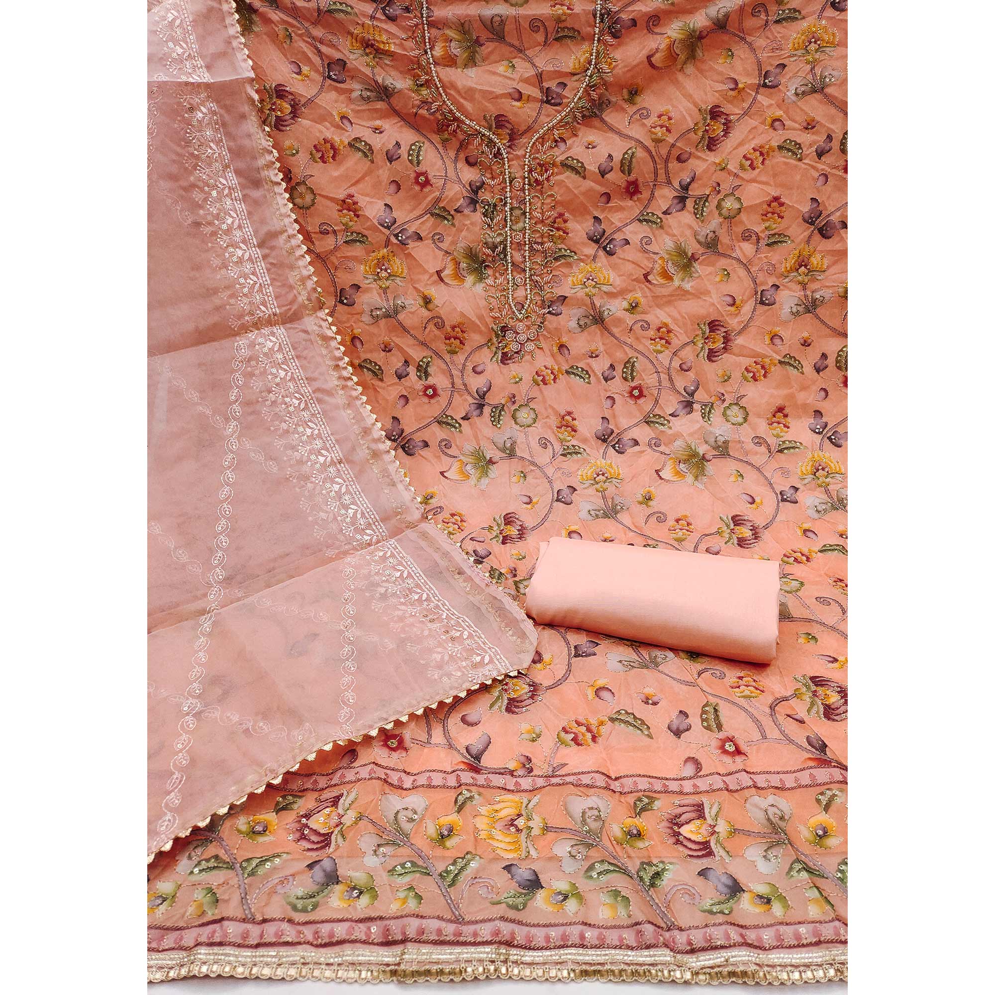 Peach Organza Dress Material With Graceful Floral Print With Handwork Detailing