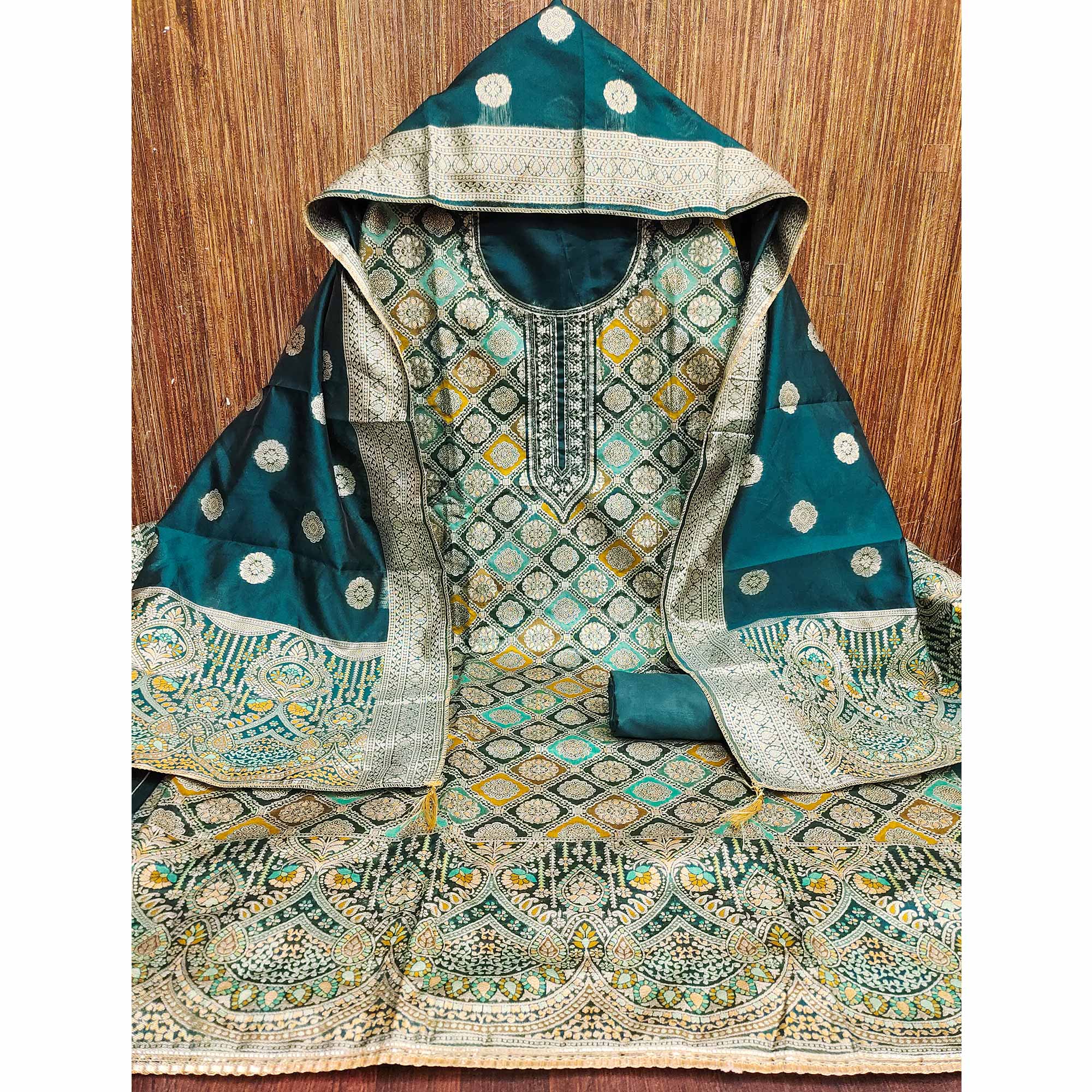 Dark Teal Unstitched Dress Material in Zari Woven Jacquard