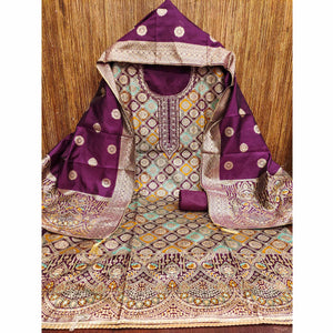 Wine Unstitched Dress Material in Zari Woven Jacquard