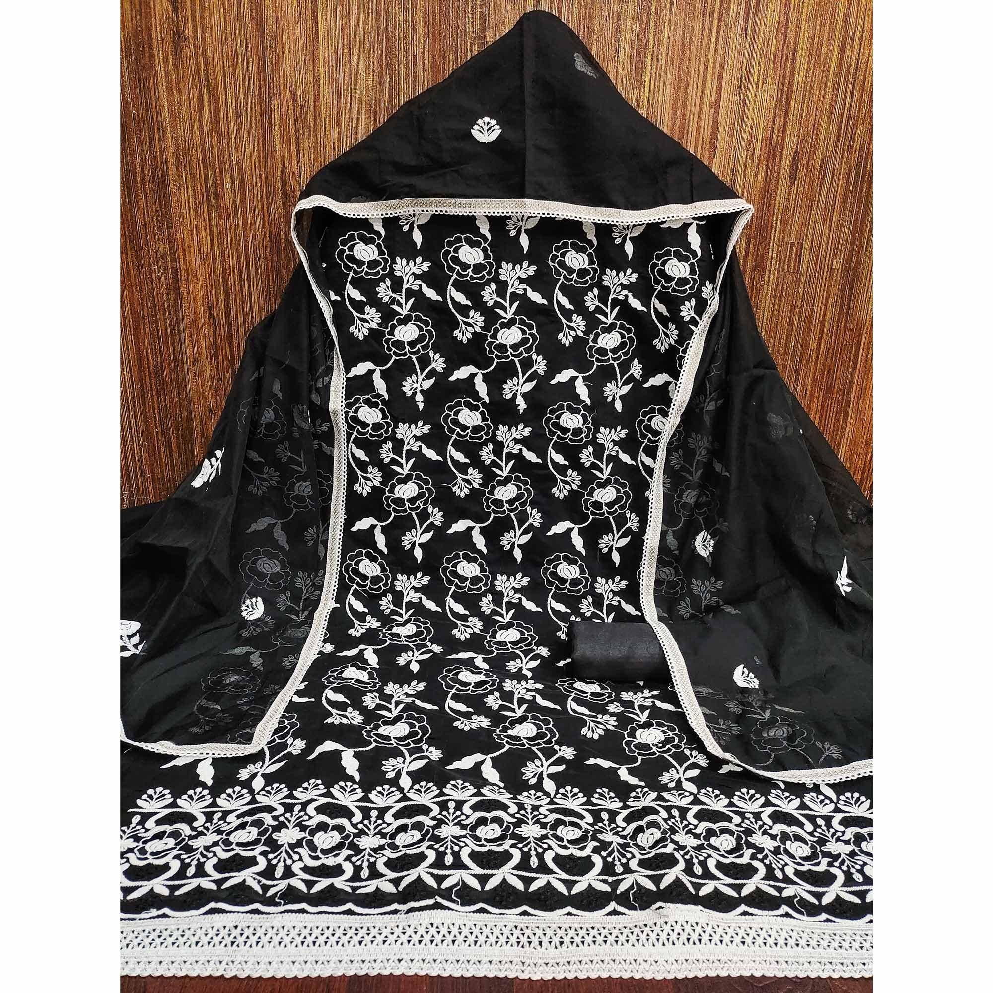 Black Embroidered Chanderi Cotton Suit Fabric with Floral Detailing