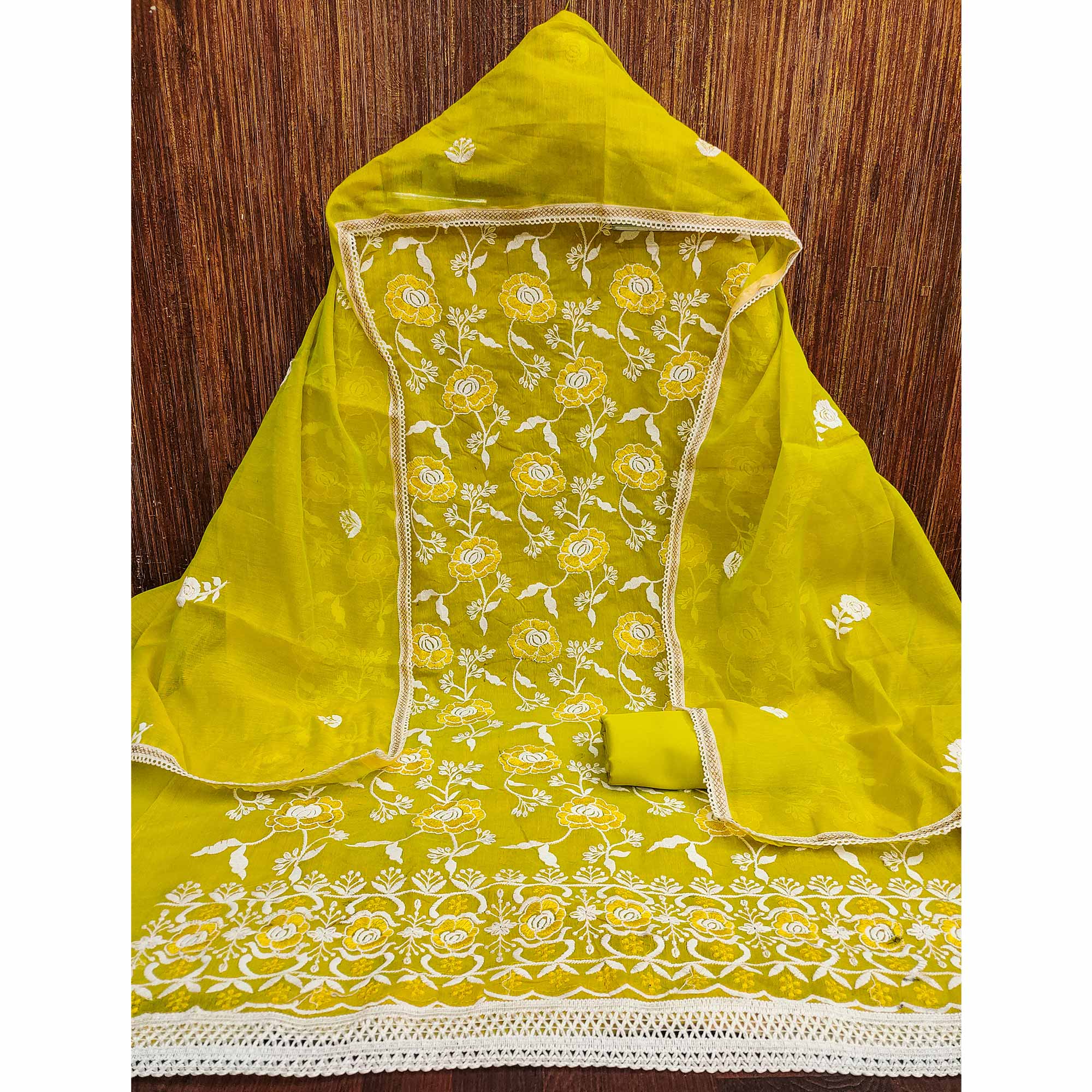 Bright Yellow Embroidered Chanderi Cotton Suit Fabric with Floral Detailing