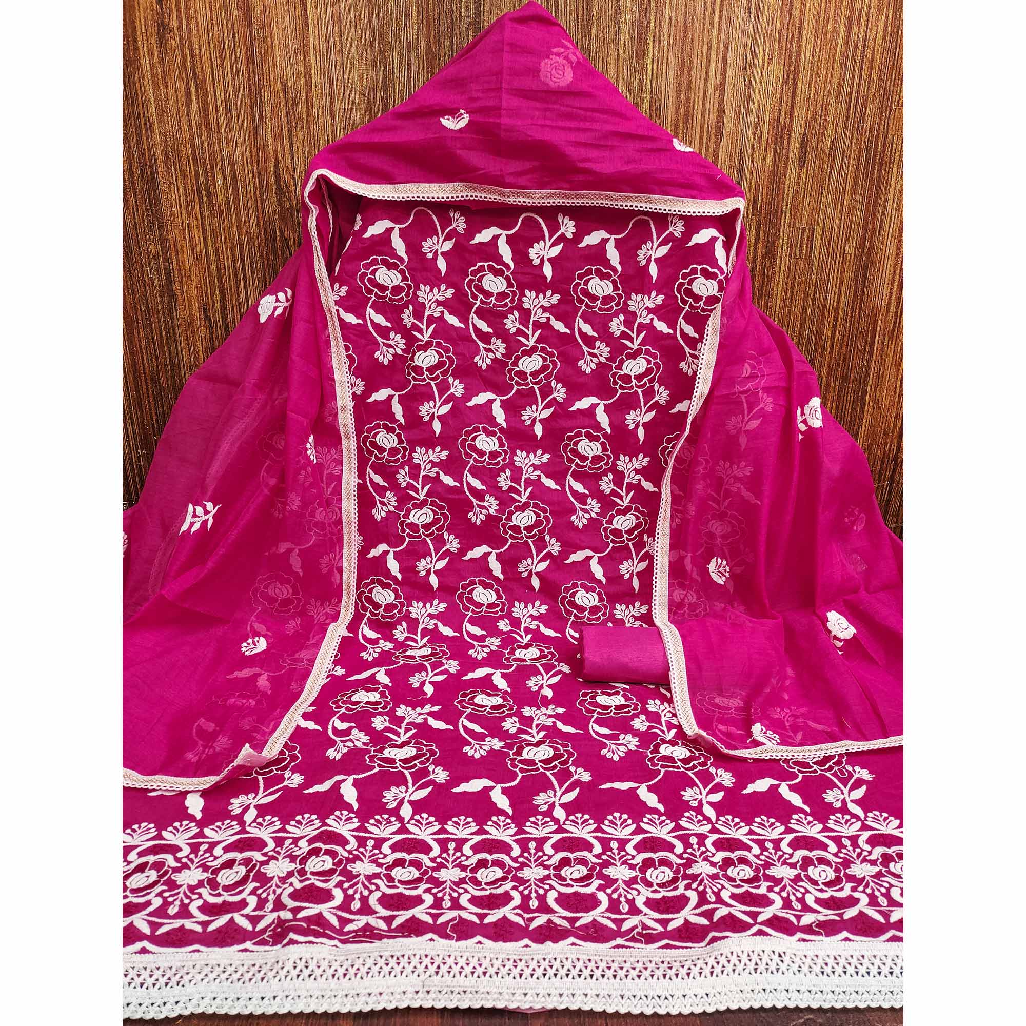 Dark Pink Embroidered Chanderi Cotton Suit Fabric with Floral Detailing