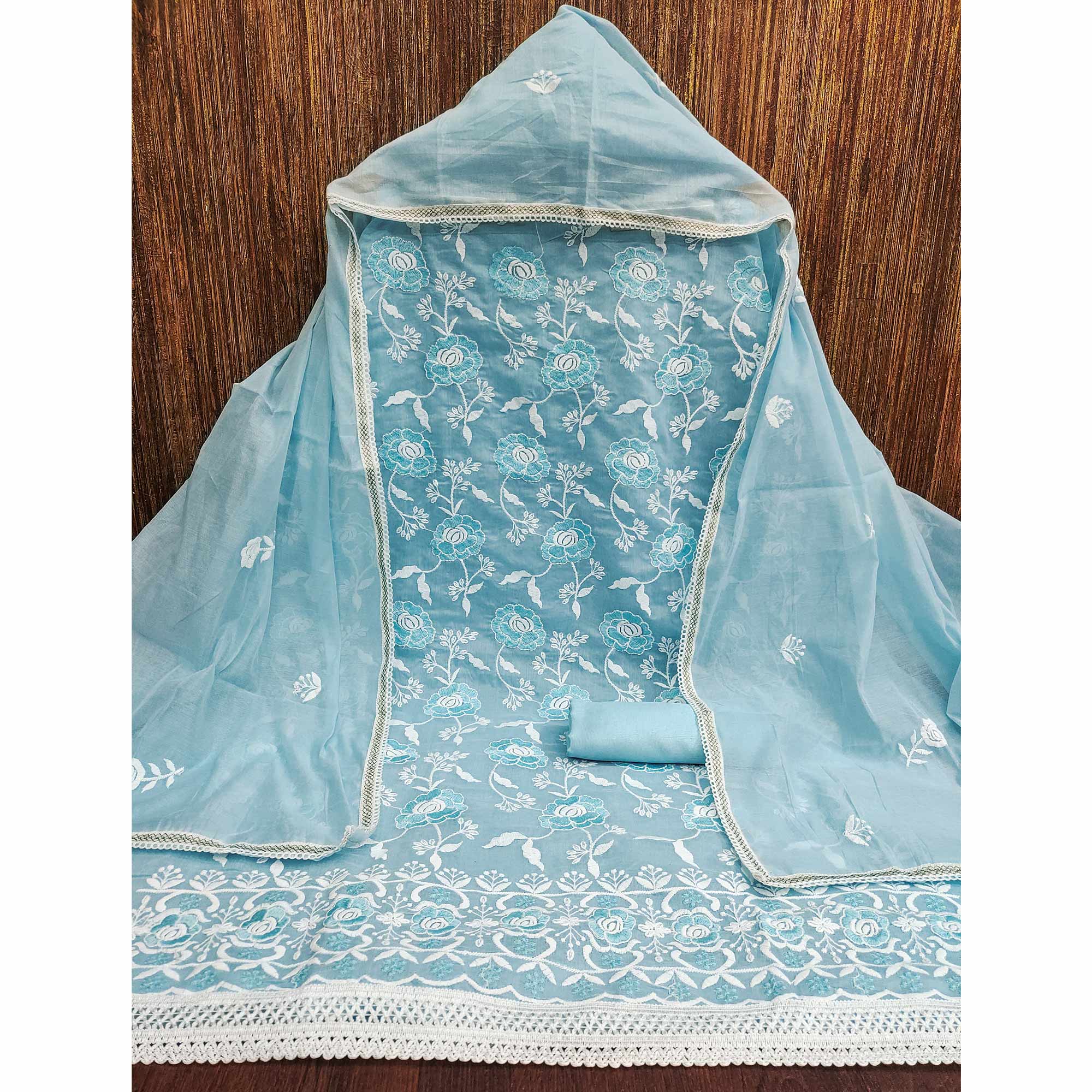 Sky Blue Embroidered Chanderi Cotton Suit Fabric with Floral Detailing