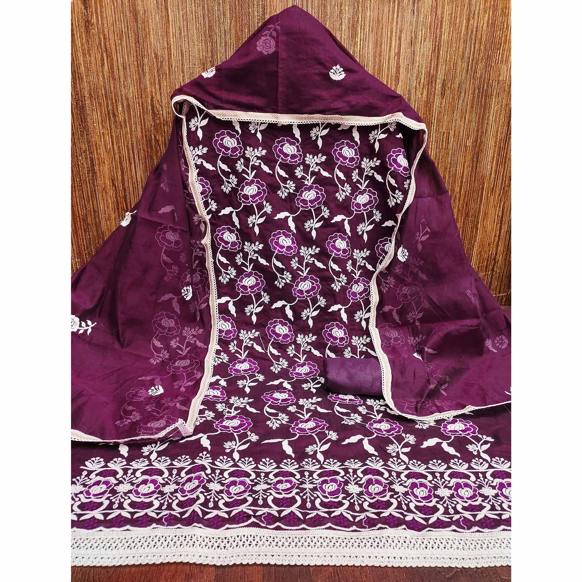 Wine Embroidered Chanderi Cotton Suit Fabric with Floral Detailing