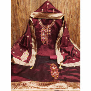 Festive Maroon Unstitched Dress Material in Zari Weaving Jacquard