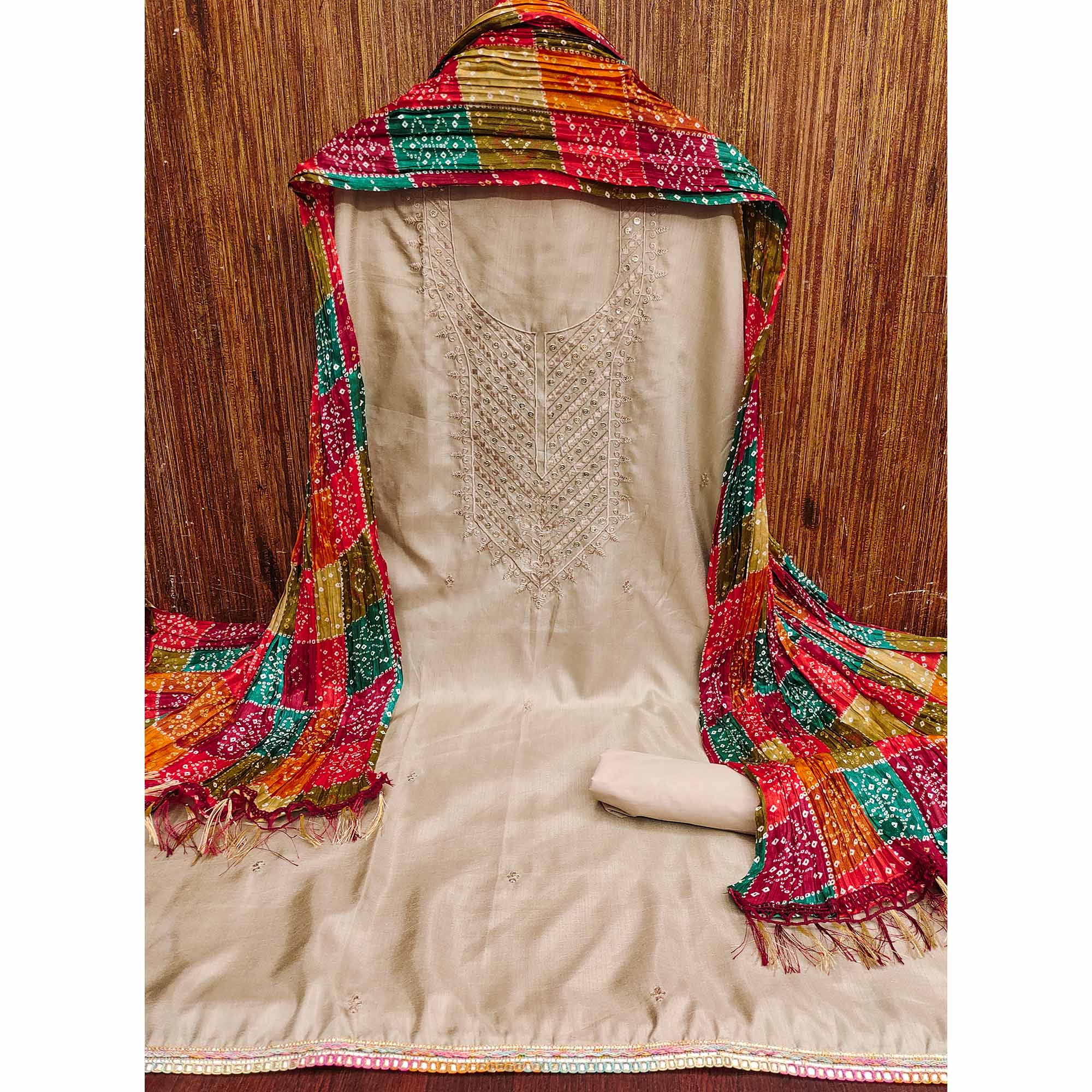 Beige Cotton Blend Suit Material with Soft Floral Embroidery