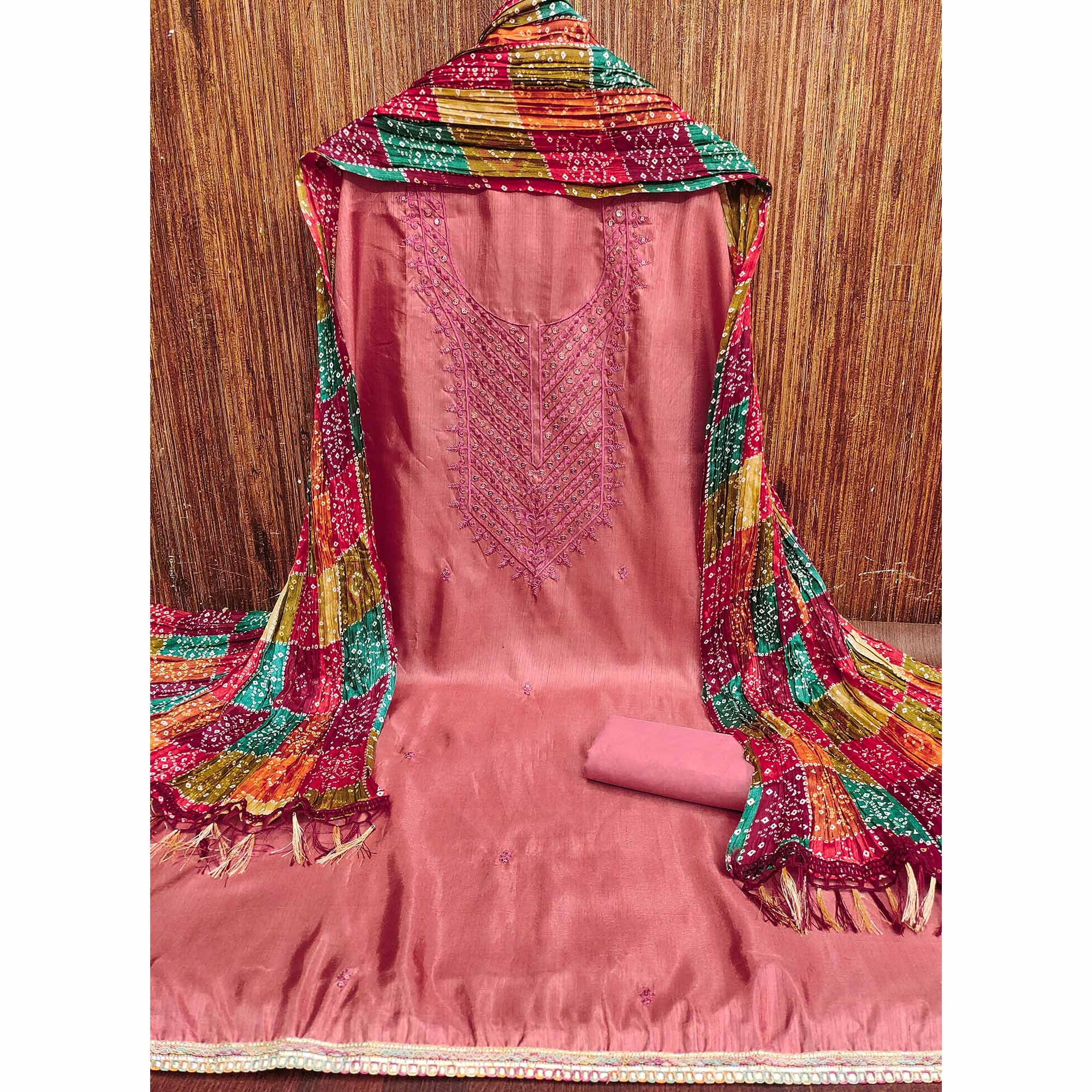 Pink Cotton Blend Suit Material with Soft Floral Embroidery