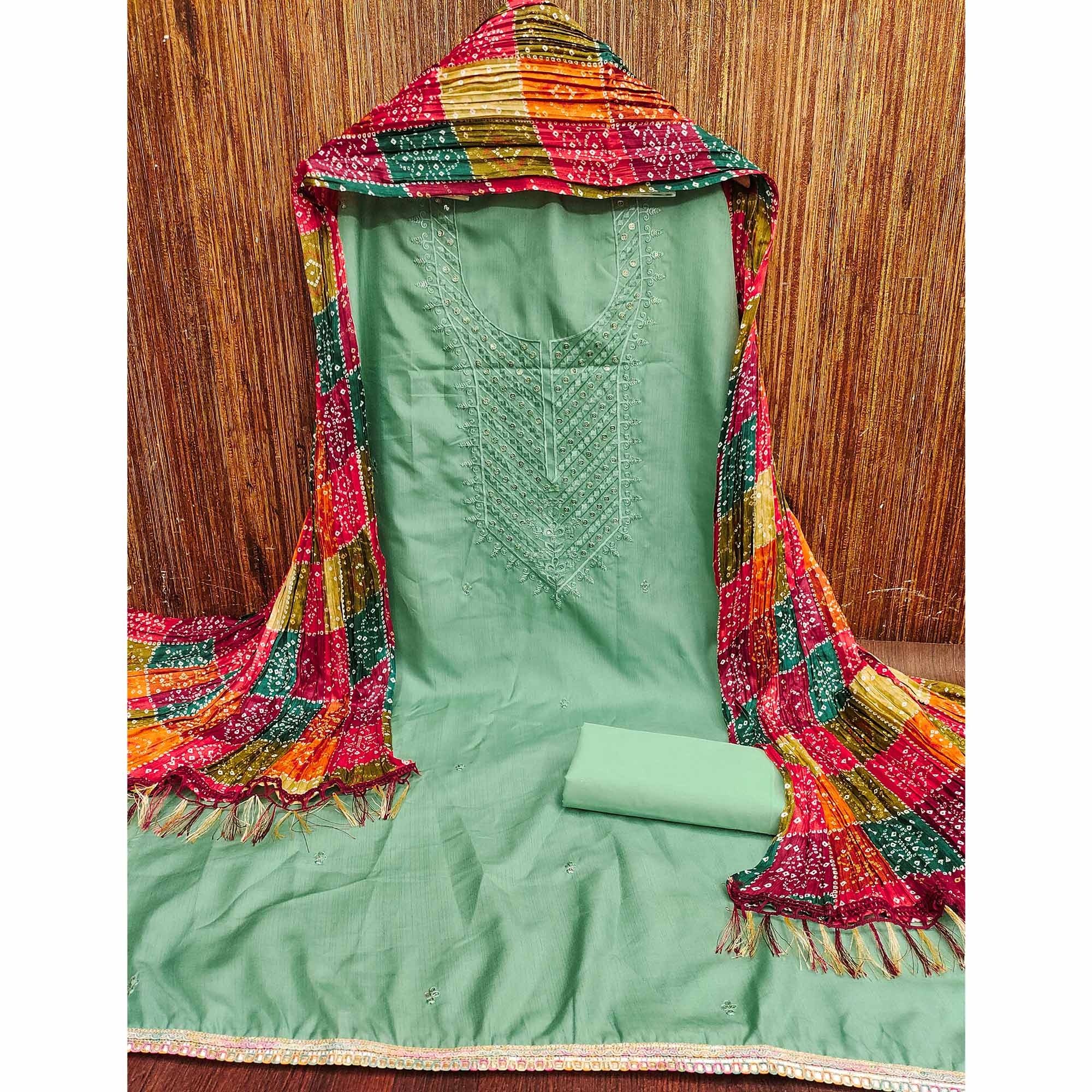 Sea Green Cotton Blend Suit Material with Soft Floral Embroidery