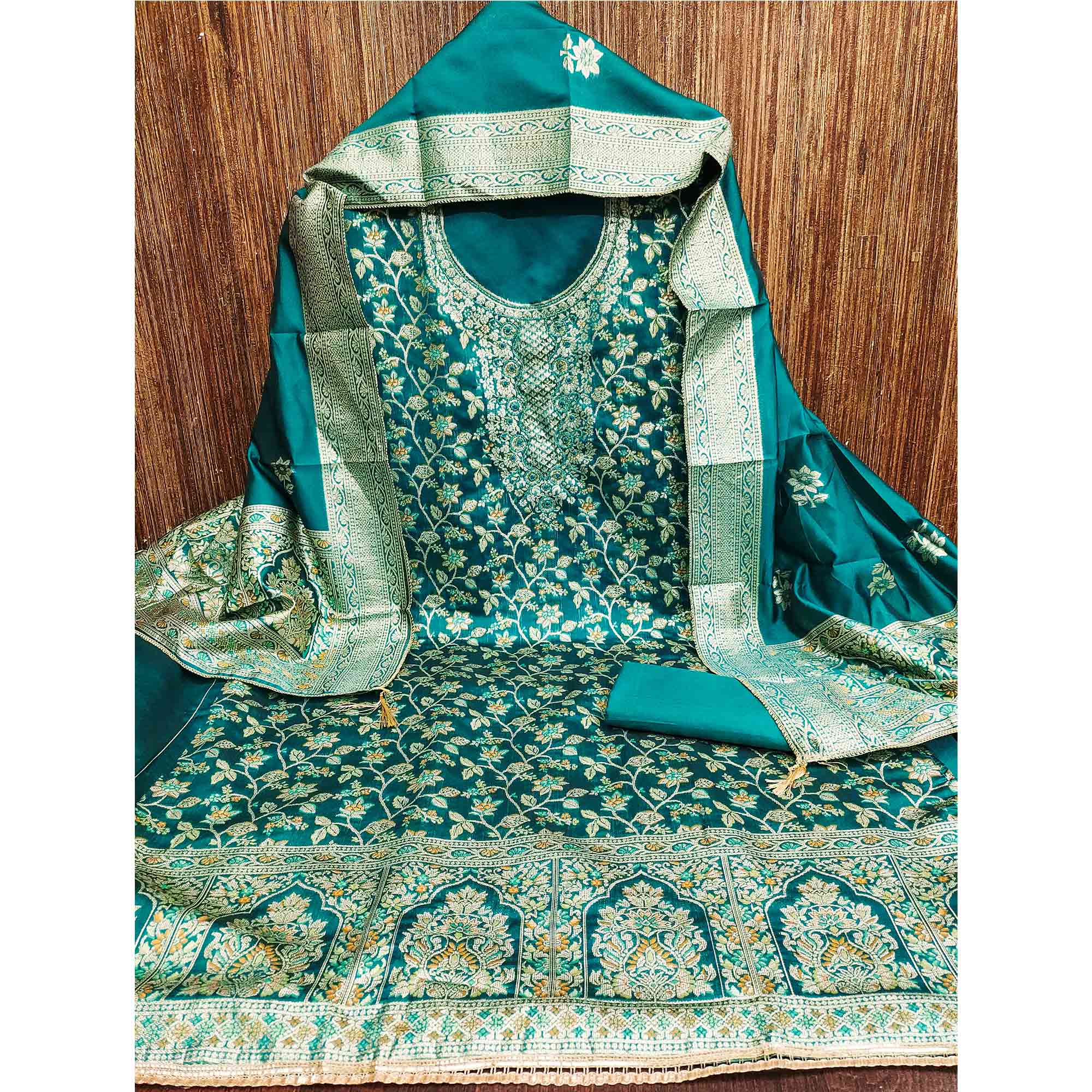 Unstitched Teal Jacquard Dress Set with Traditional Zari Weaving