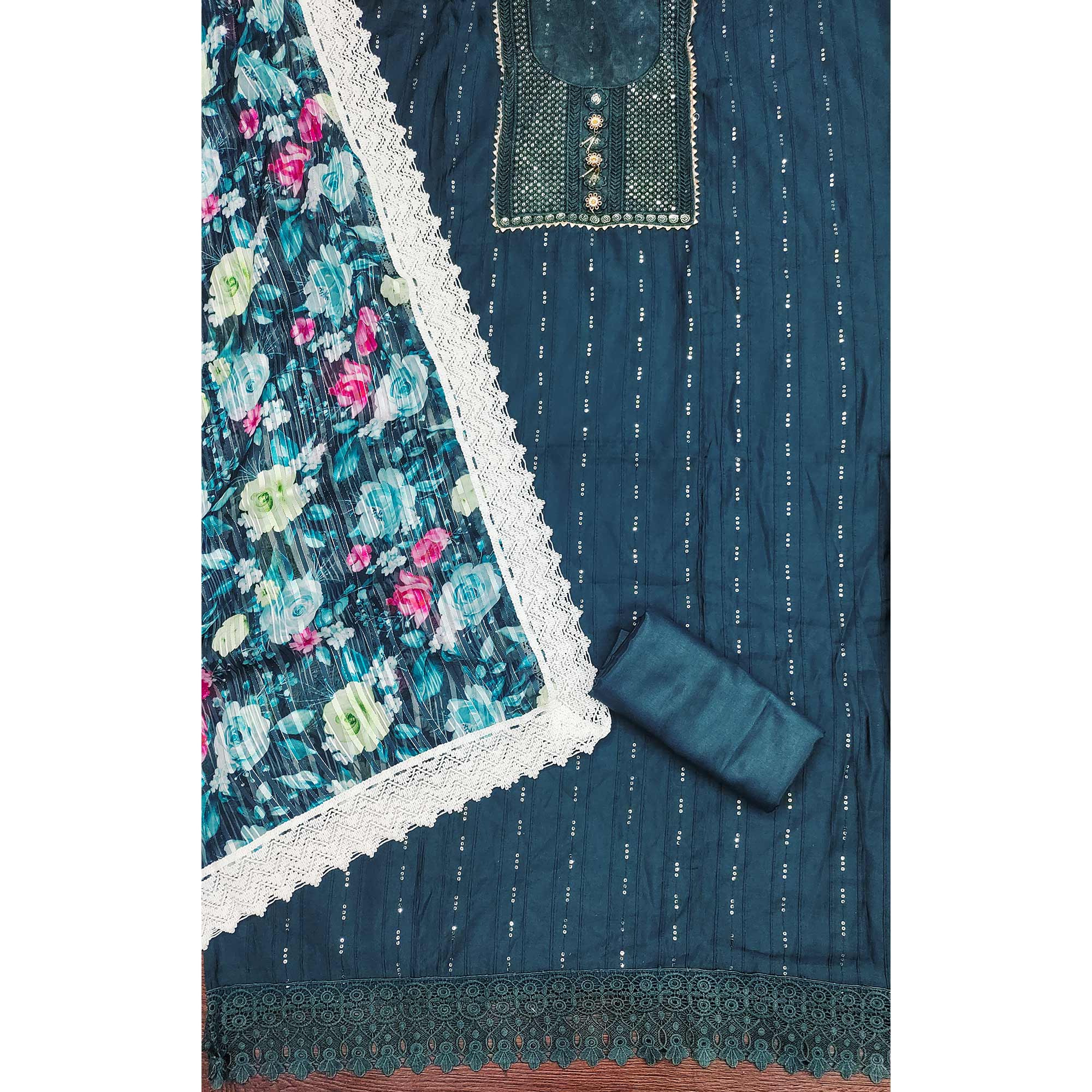 Dark Teal Cotton Blend Suit Material Enhanced with Sequins Embroidery
