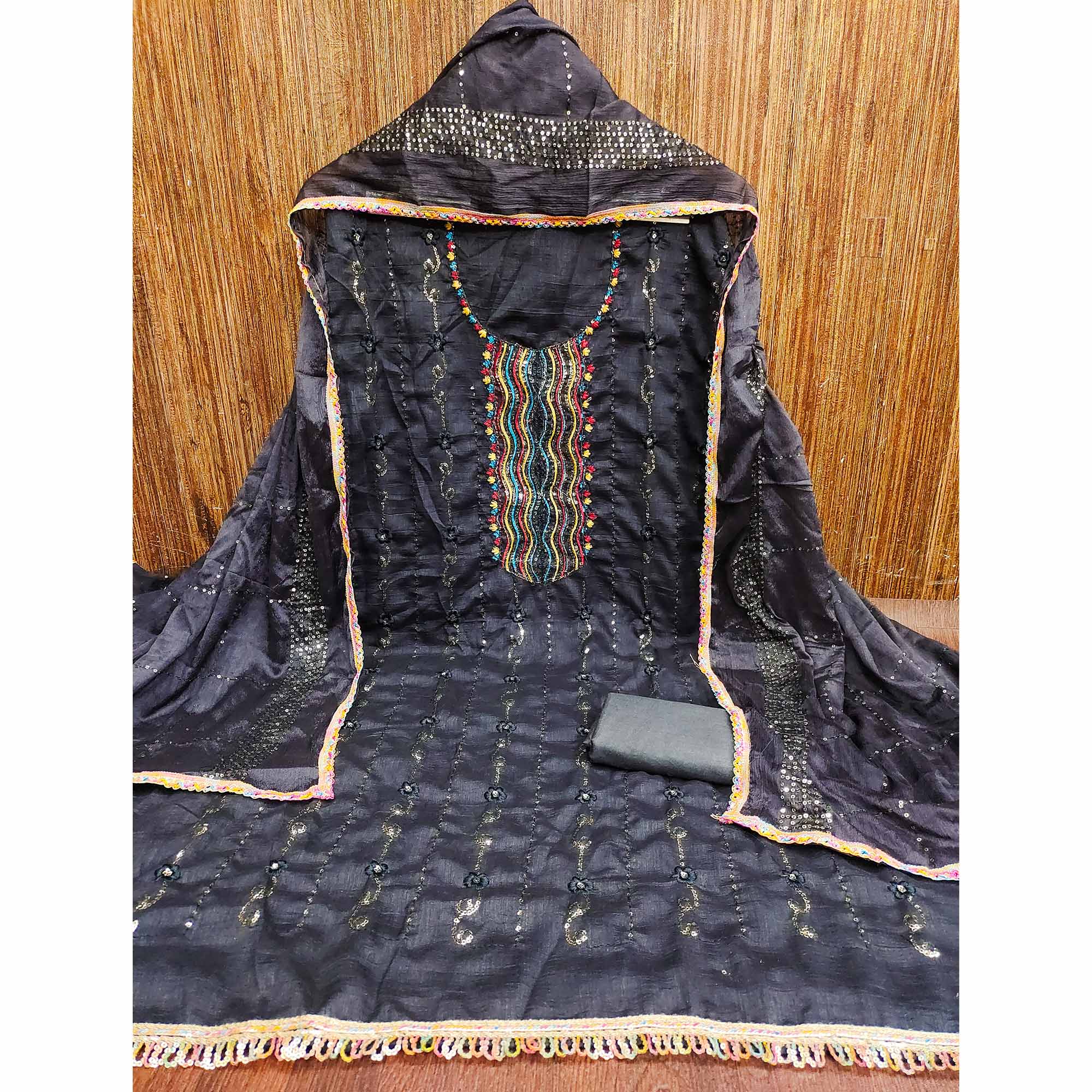 Festive Dark Grey Dress Material in Vichitra Silk with Sequin Highlights