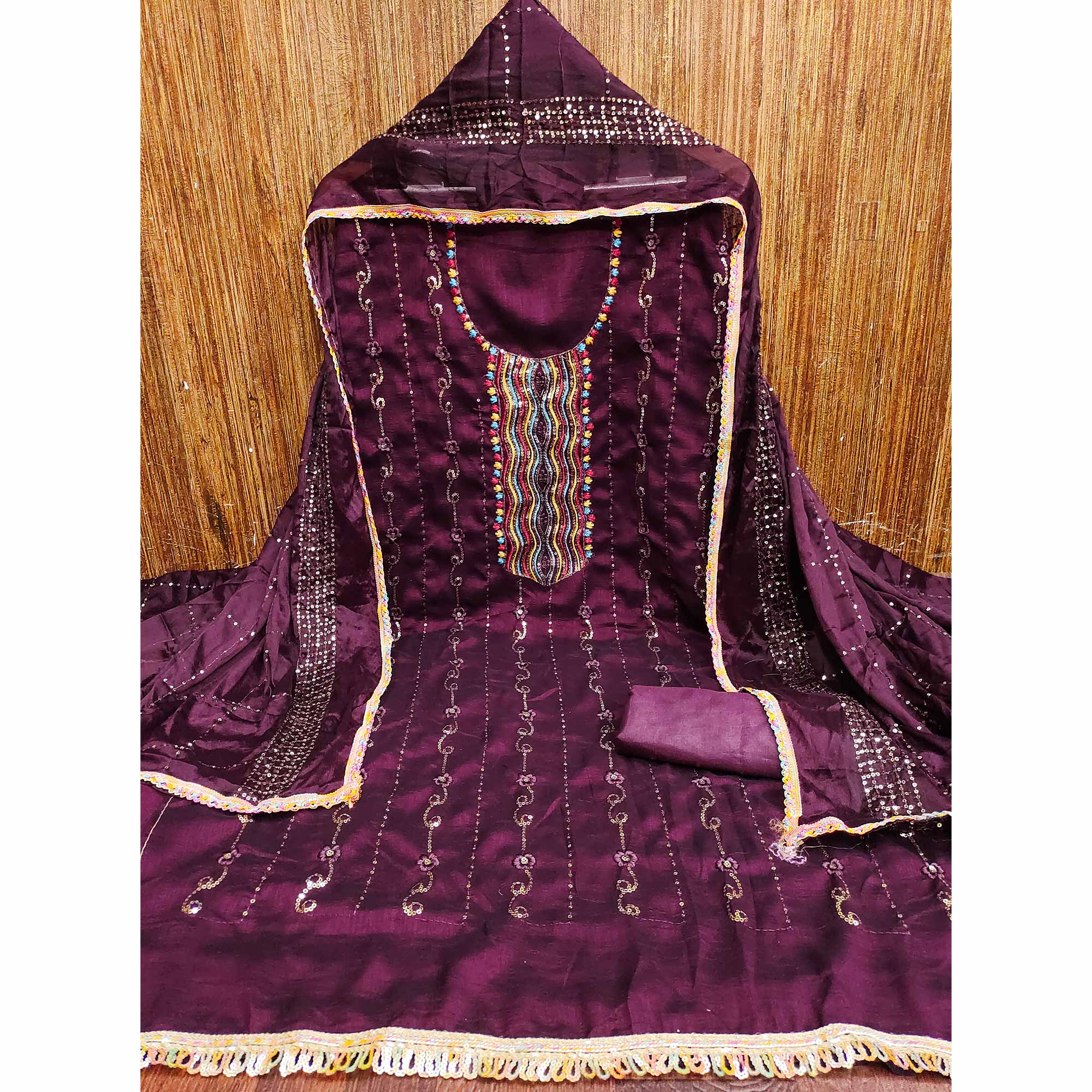 Festive Wine Dress Material in Vichitra Silk with Sequin Highlights