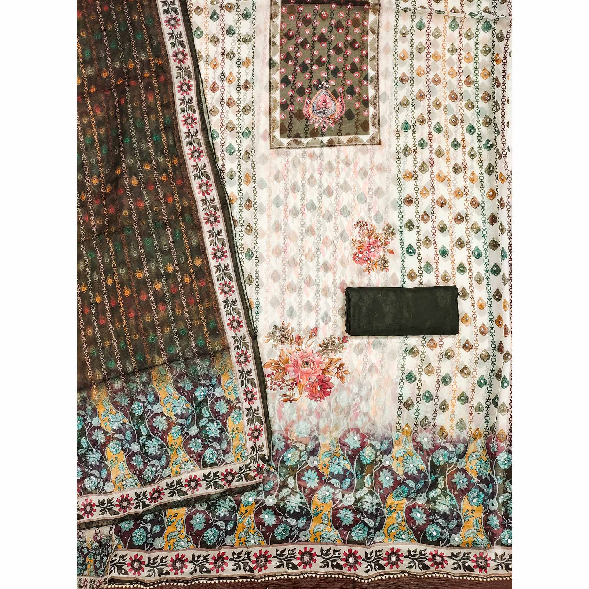 Off-White & Olive Organza Dress Material with Elegant Floral Prints