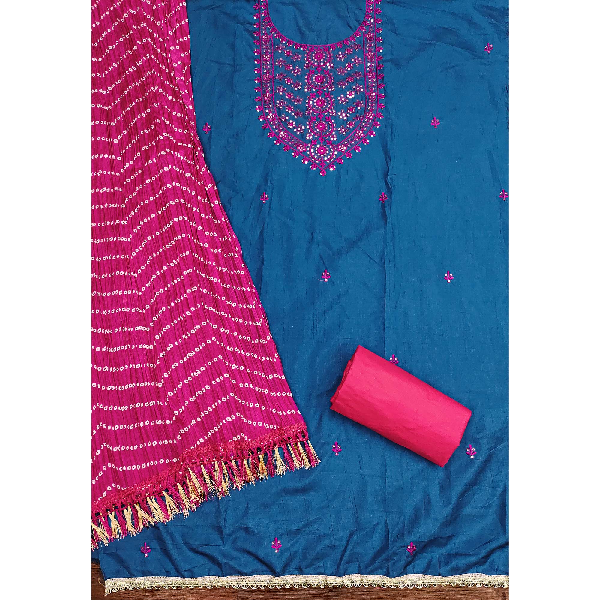 Unstitched Teal Cotton Dress Material Enhanced with Thread Embroidery