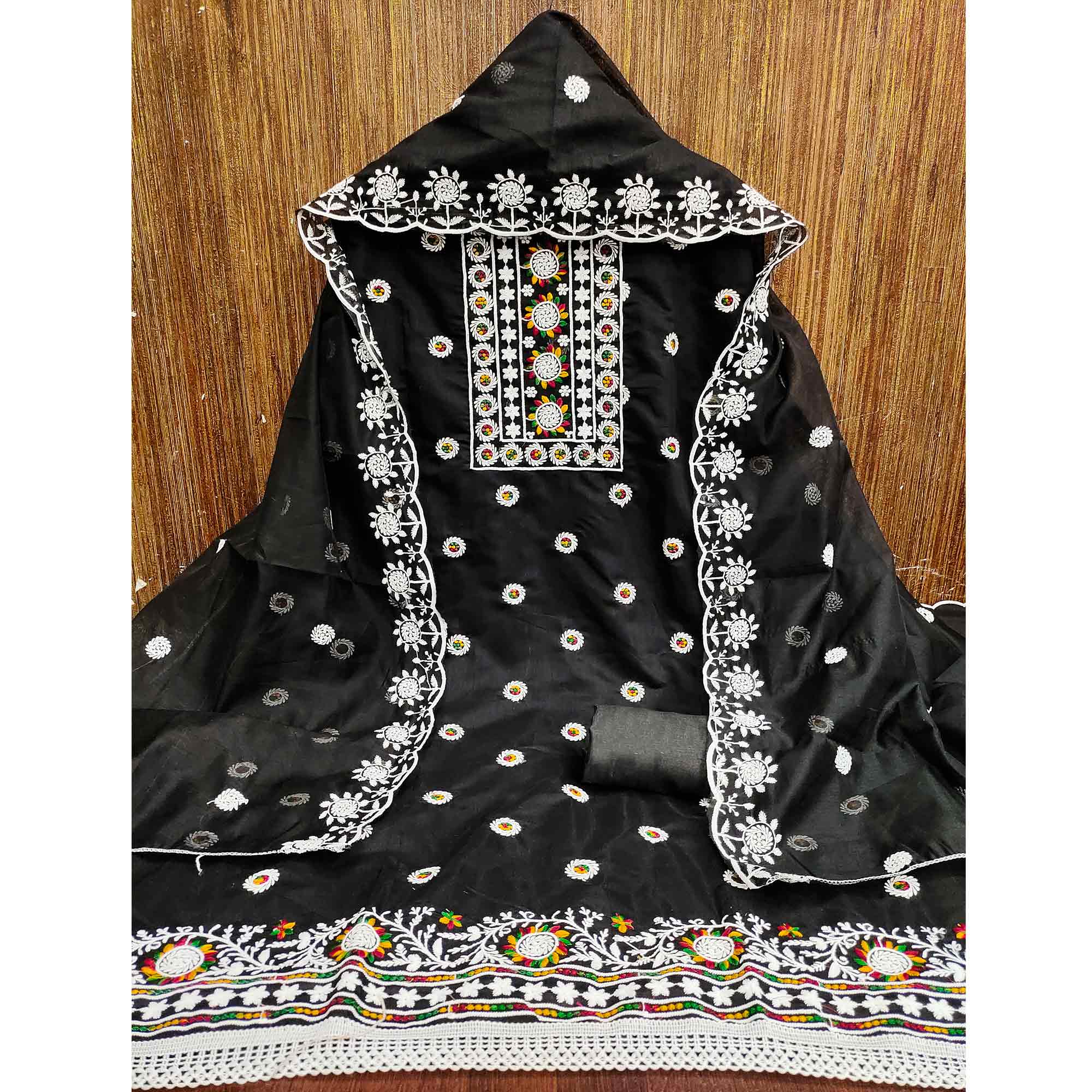 Black Embroidered Cotton Blend Suit Fabric with Soft Floral Detailing