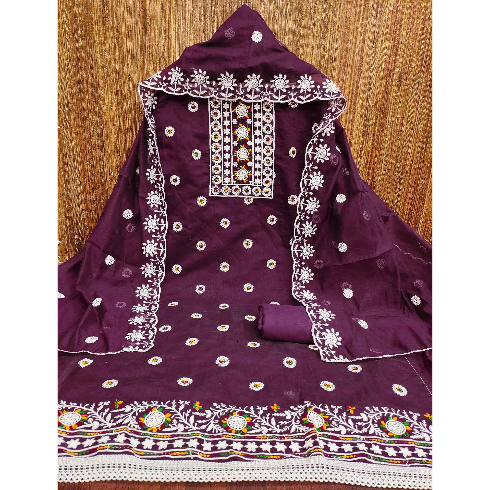 Wine Embroidered Cotton Blend Suit Fabric with Soft Floral Detailing