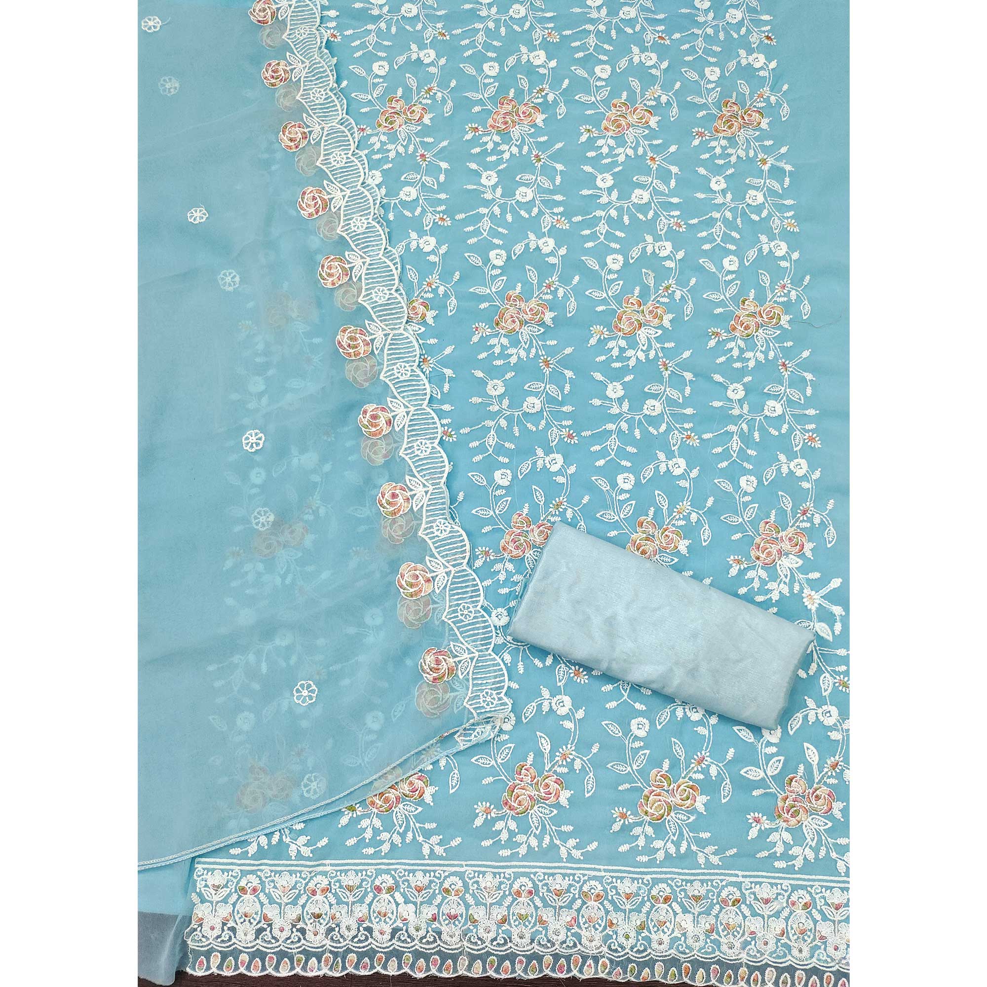 Blue Georgette Dress Material Highlighted With Floral Thread Embroidery