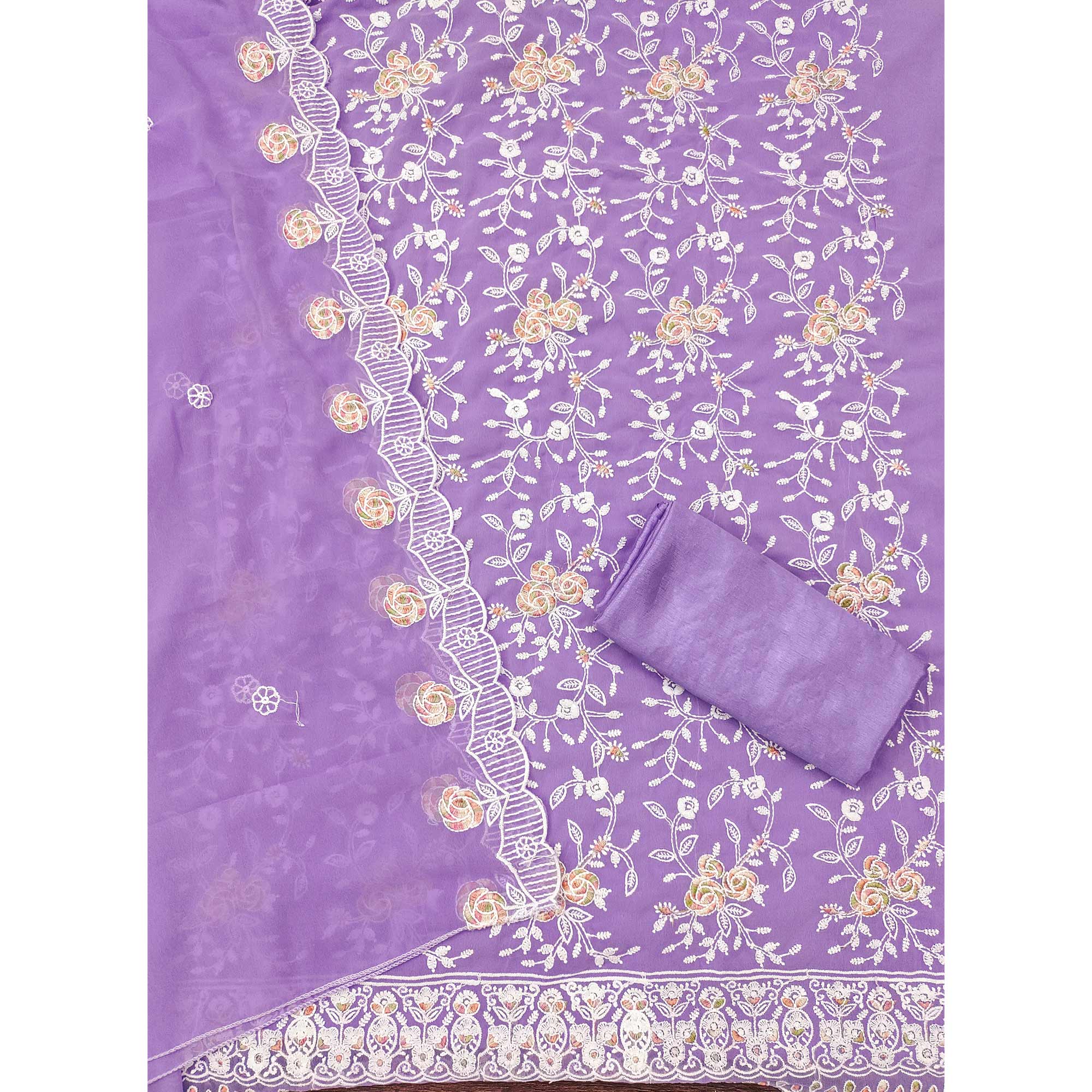 Lavender Georgette Dress Material Highlighted With Floral Thread Embroidery