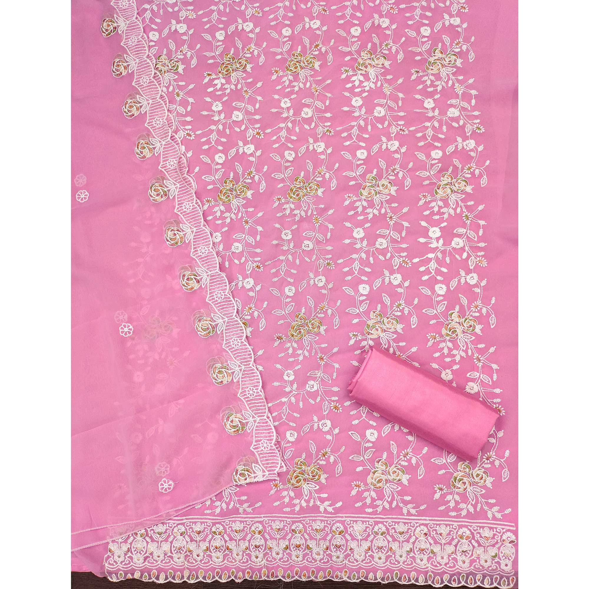 Pink Georgette Dress Material Highlighted With Floral Thread Embroidery