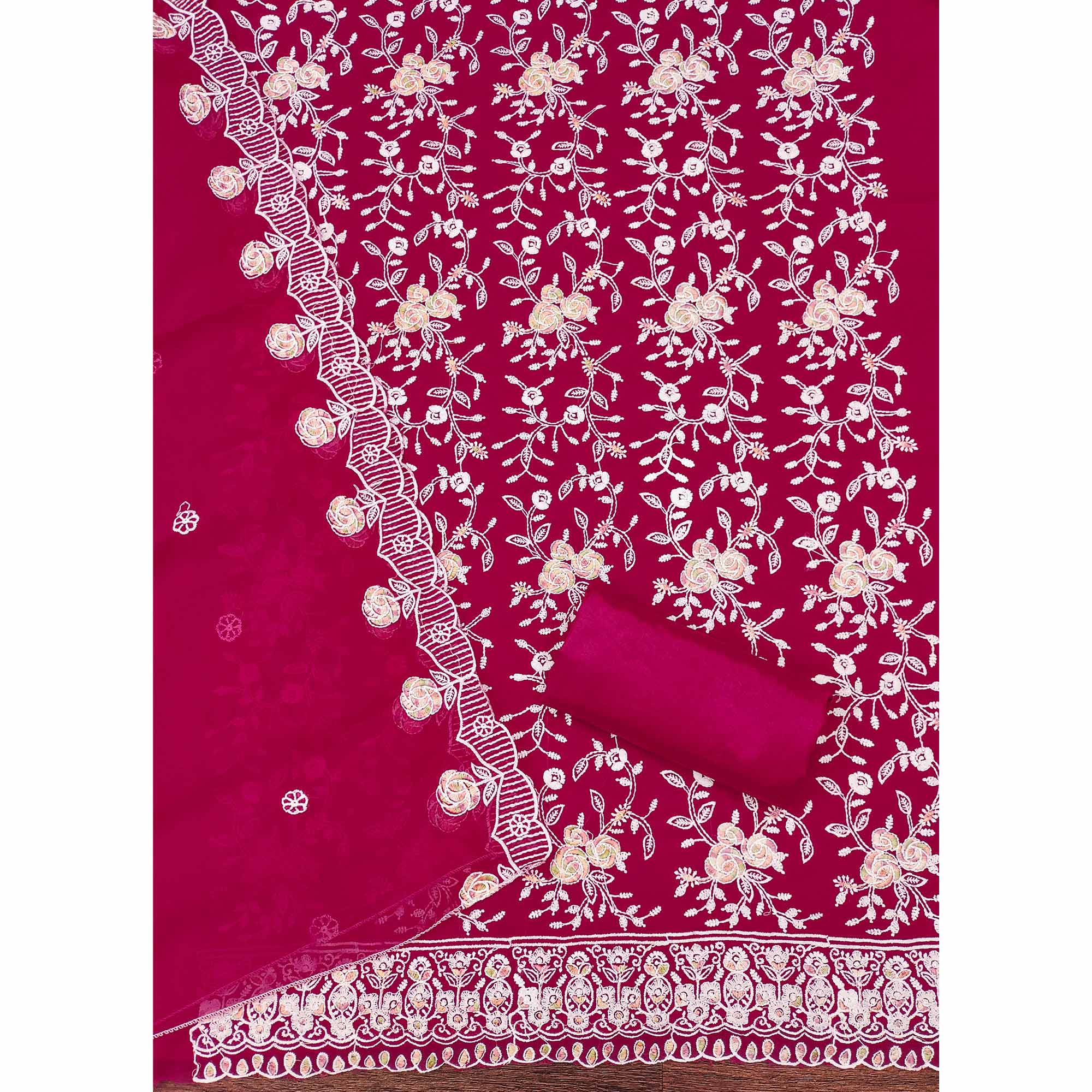 Rani Pink Georgette Dress Material Highlighted With Floral Thread Embroidery