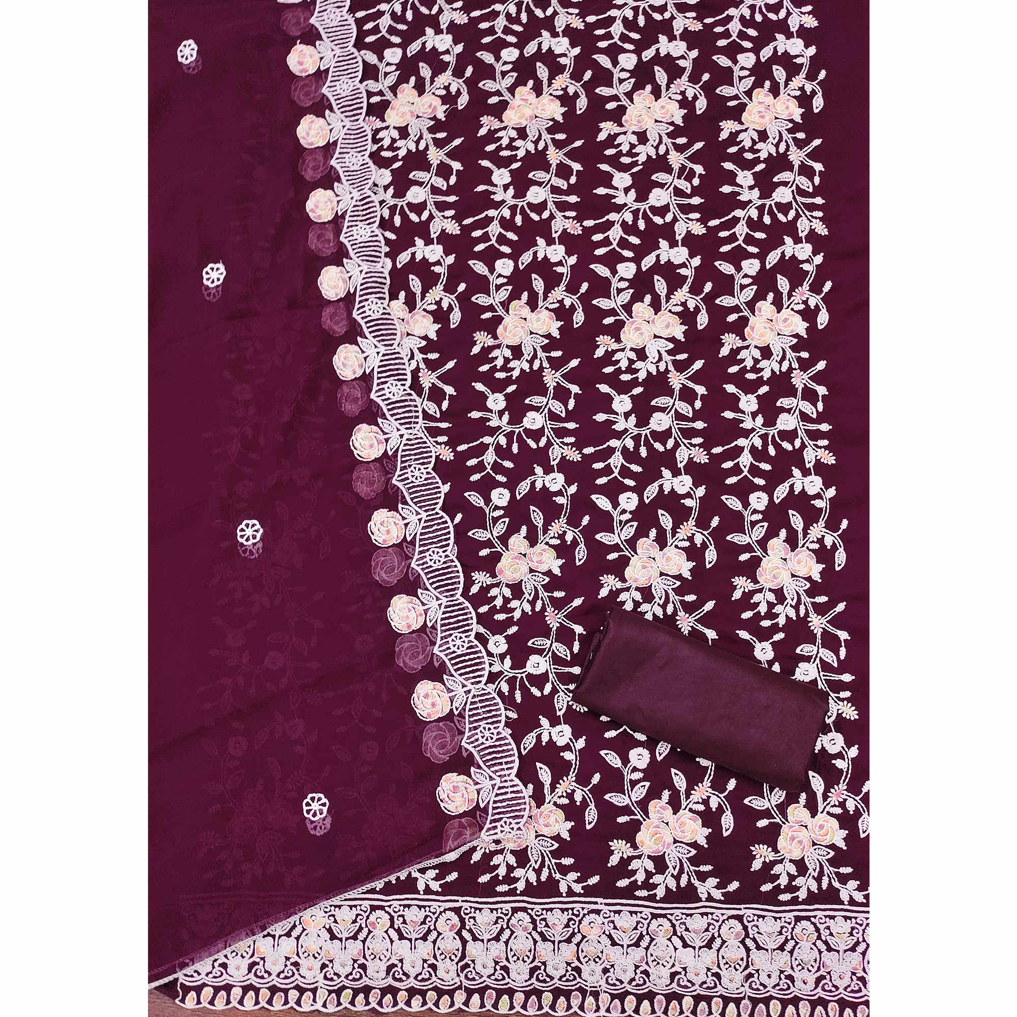 Wine Georgette Dress Material Highlighted With Floral Thread Embroidery