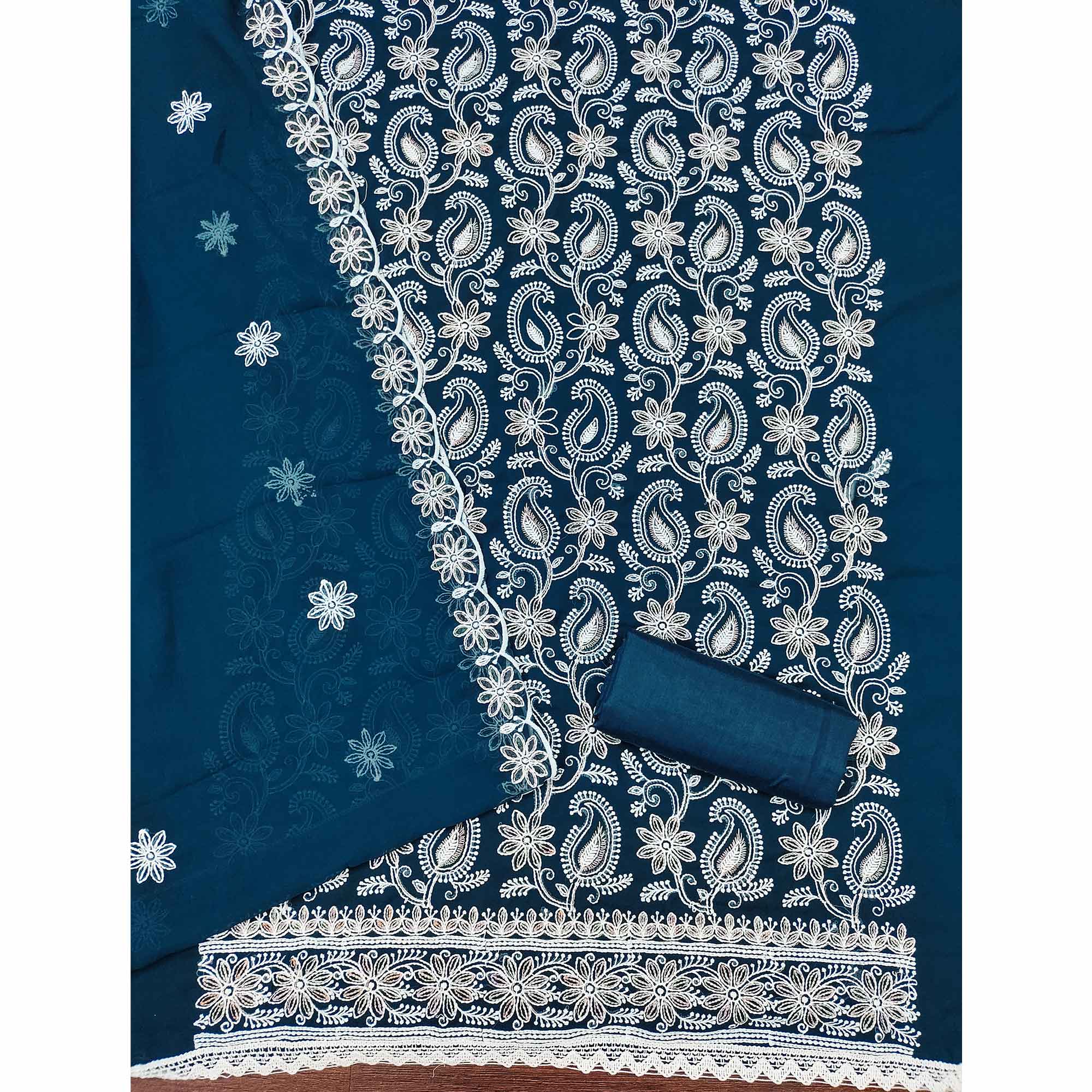 Blue Georgette Dress Material Highlighted With Paisley & Floral Thread Embroidery