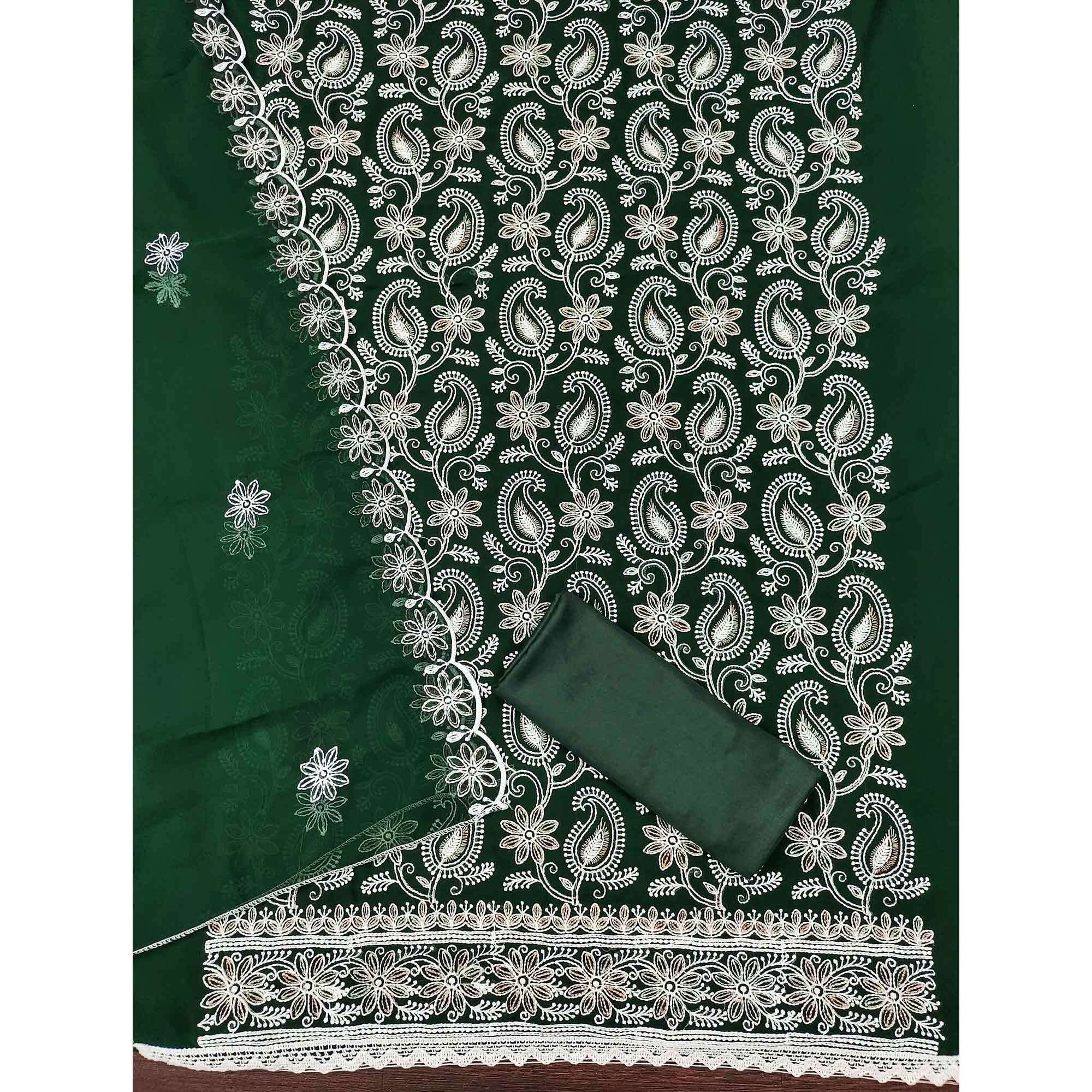 Green Georgette Dress Material Highlighted With Paisley & Floral Thread Embroidery