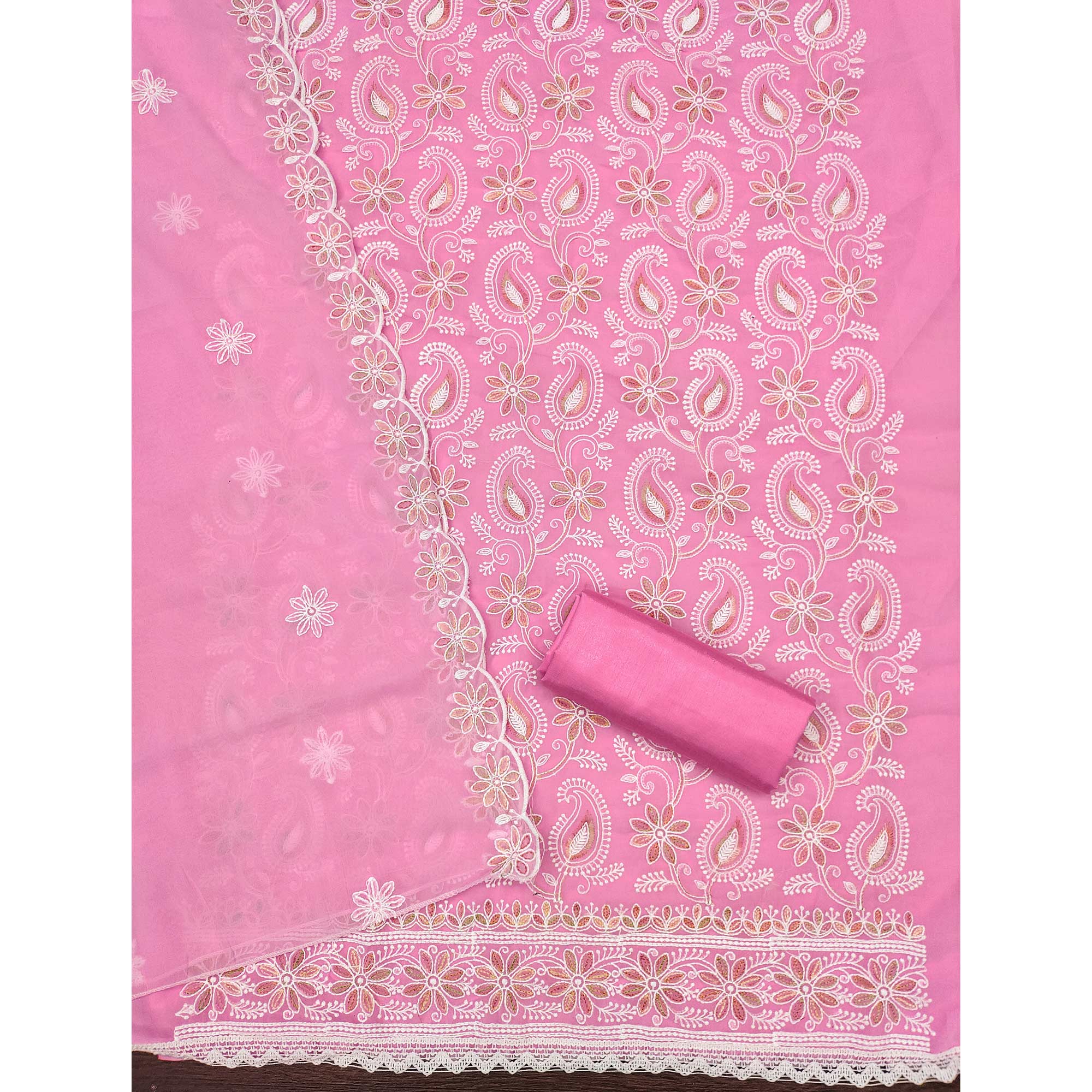 Pink Georgette Dress Material Highlighted With Paisley & Floral Thread Embroidery