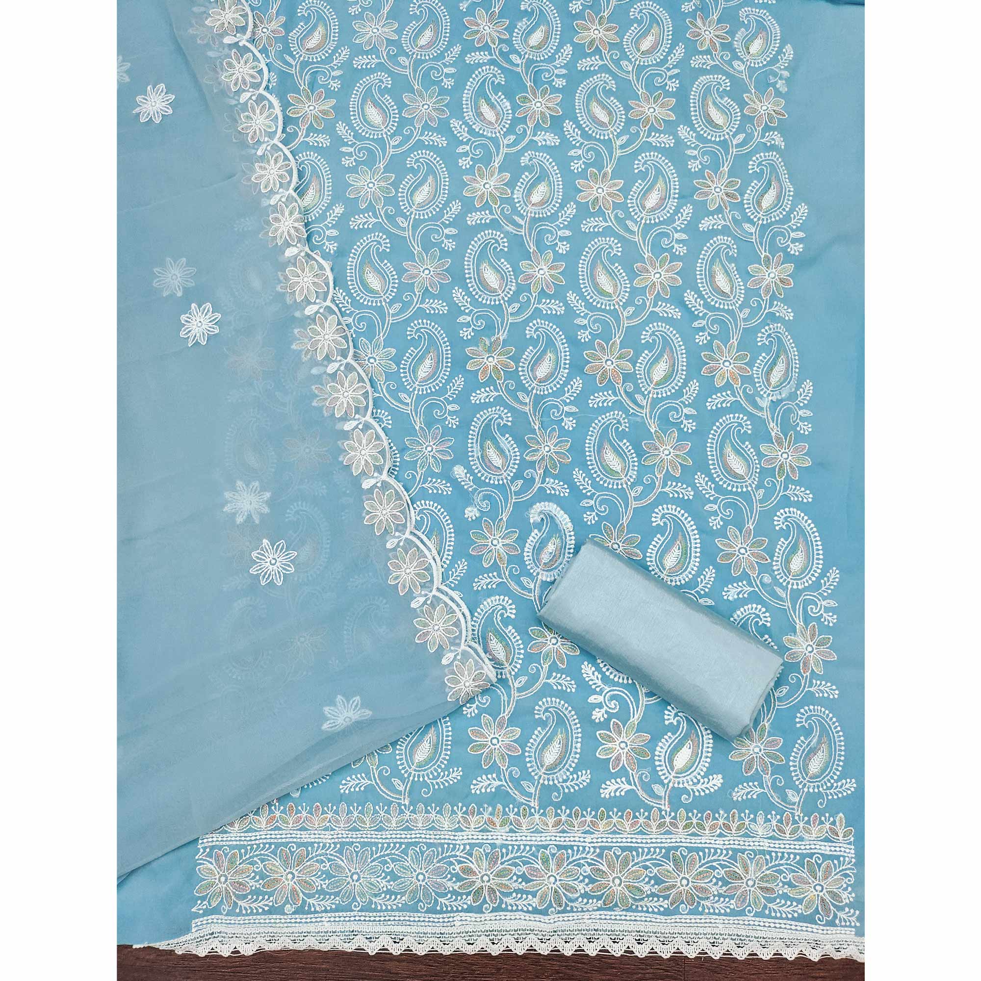 Sky Blue Georgette Dress Material Highlighted With Paisley & Floral Thread Embroidery
