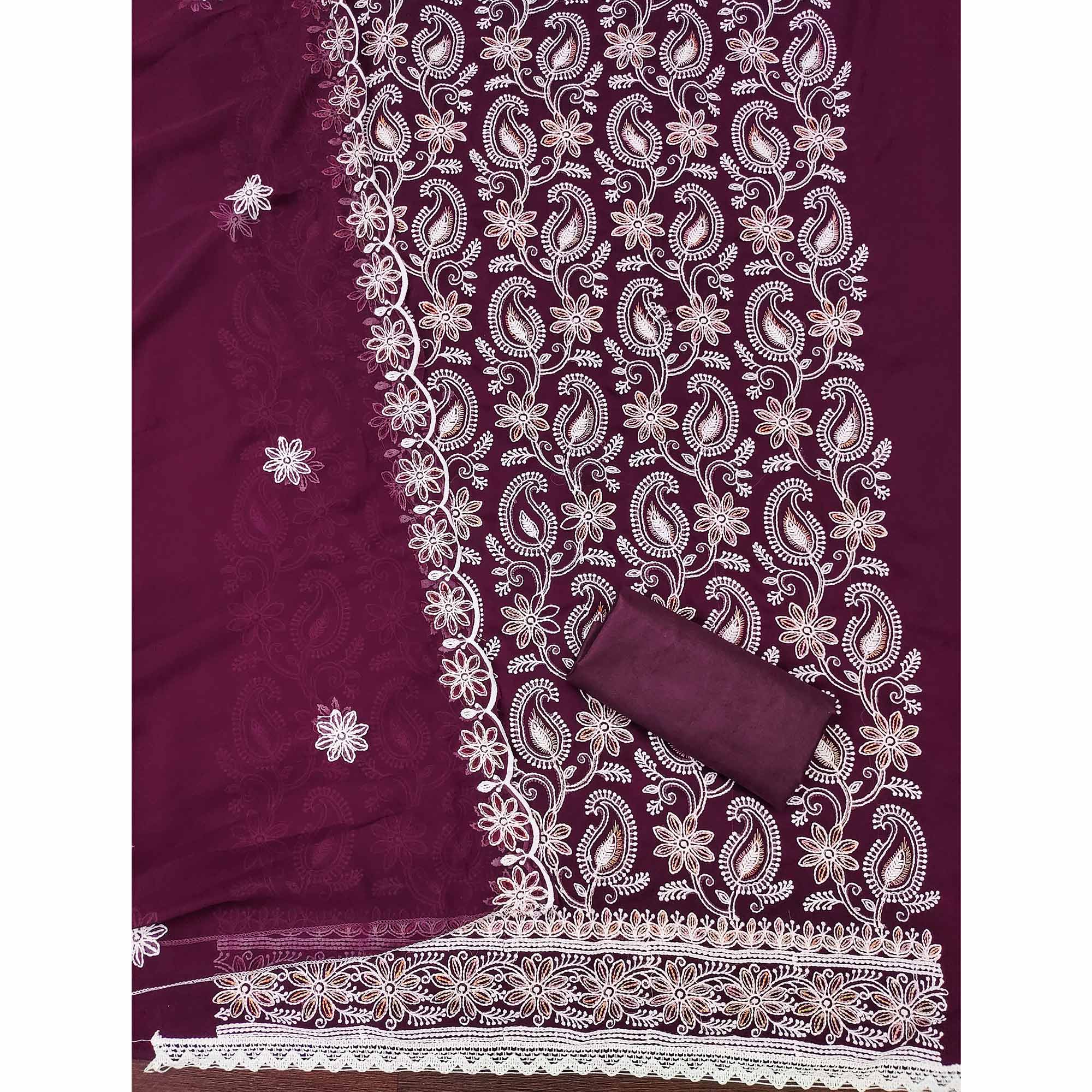 Wine Georgette Dress Material Highlighted With Paisley & Floral Thread Embroidery