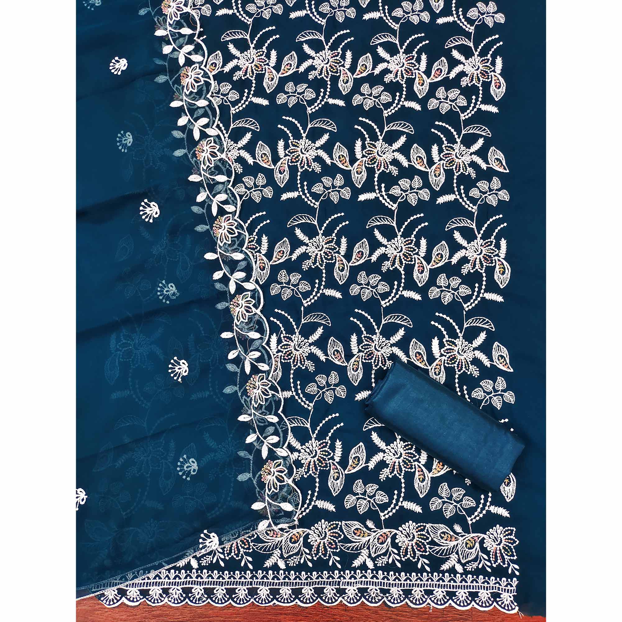 Blue Georgette Dress Material Accented With Floral Thread Work