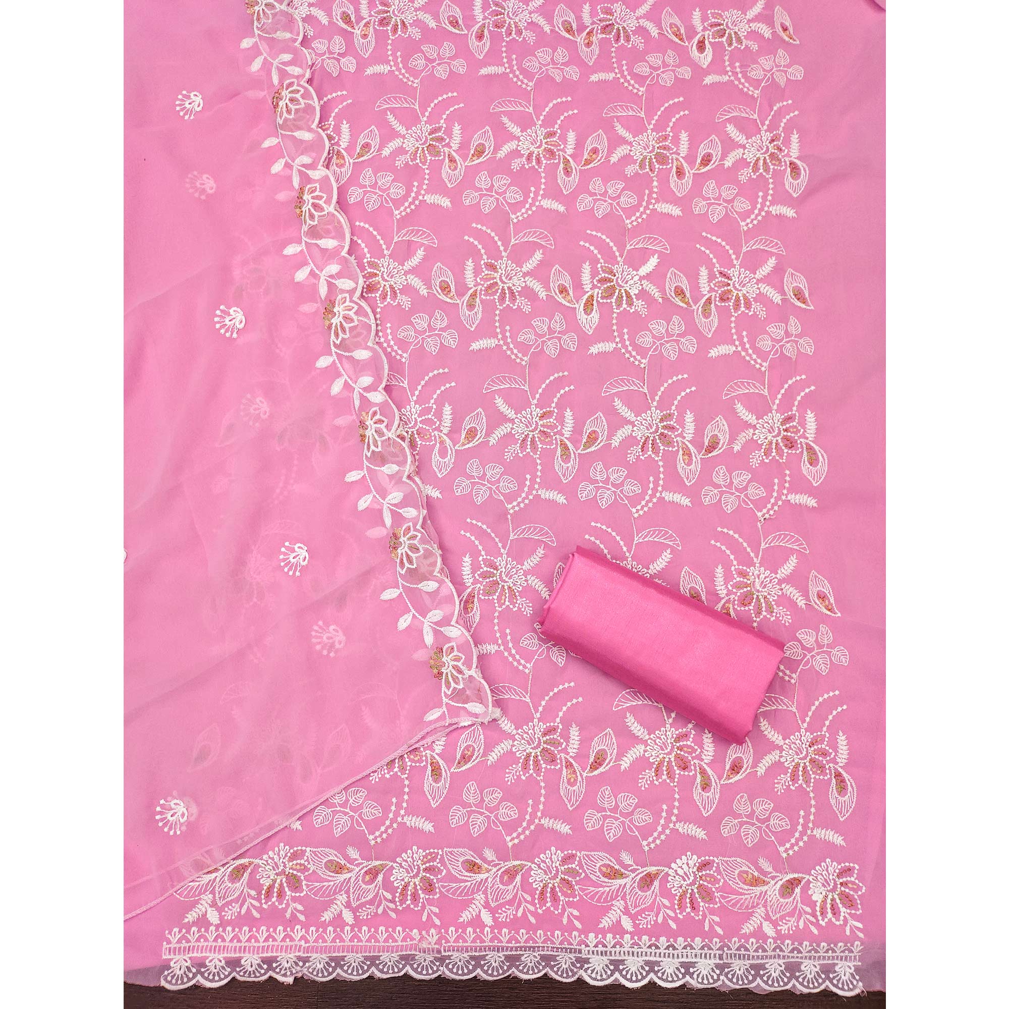 Pink Georgette Dress Material Accented With Floral Thread Work