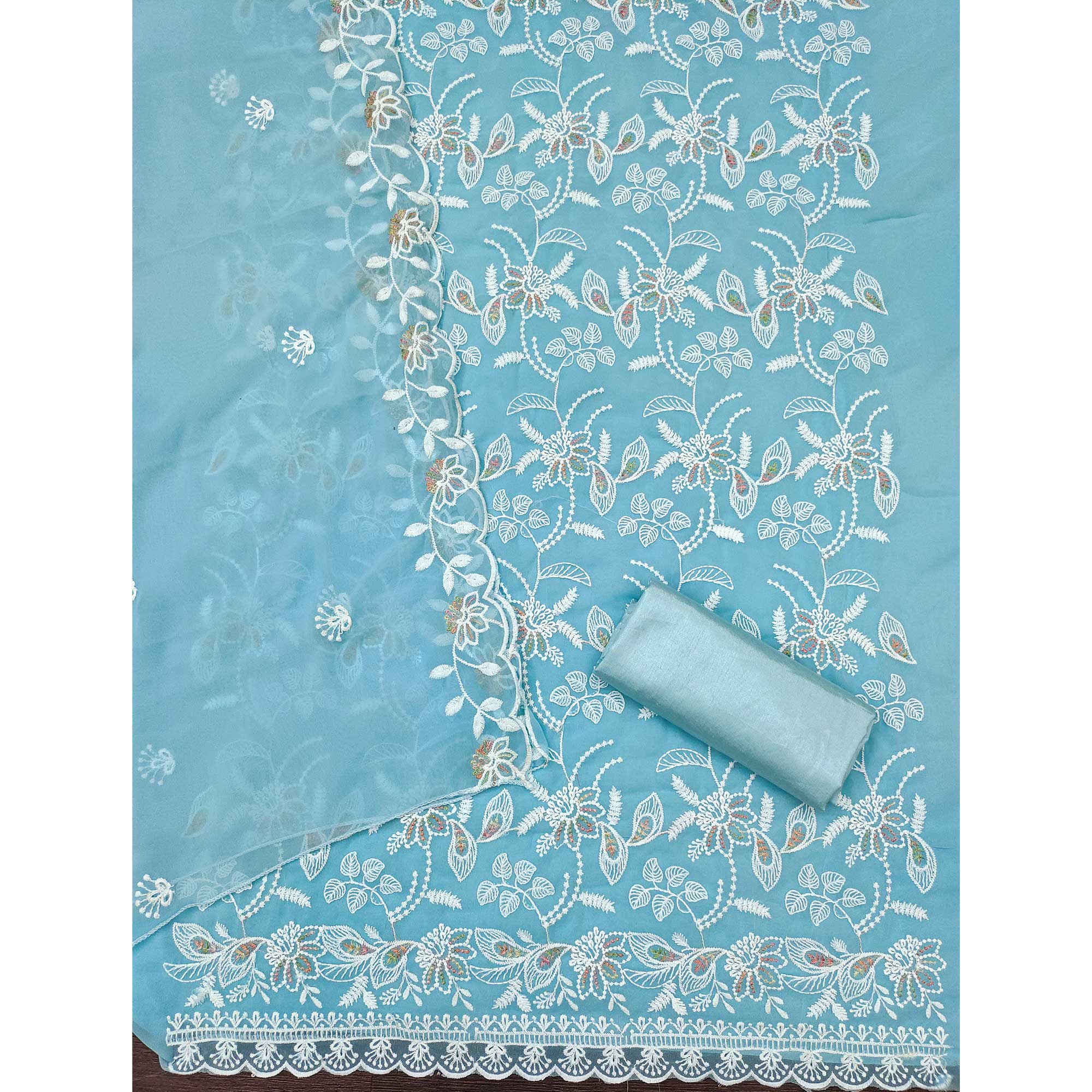 Sky Blue Georgette Dress Material Accented With Floral Thread Work