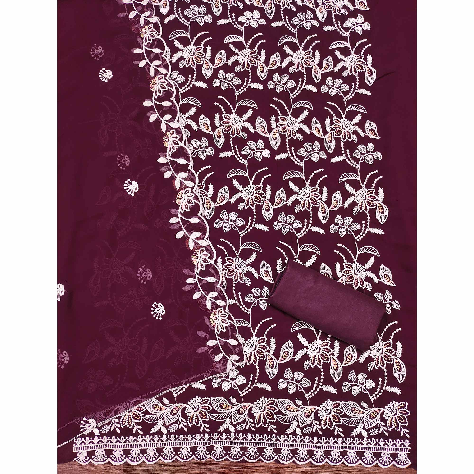 Wine Georgette Dress Material Accented With Floral Thread Work
