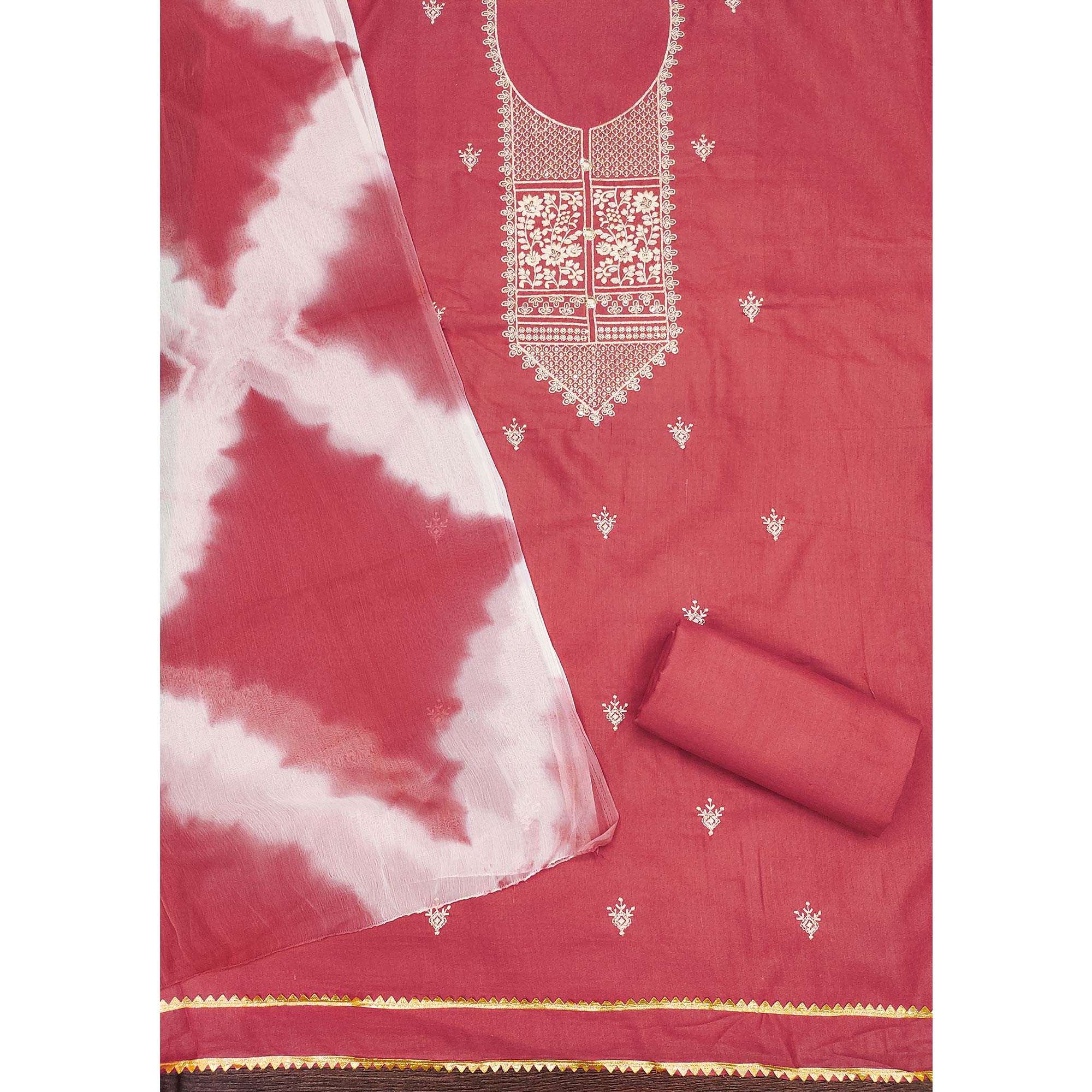 Gajari Pink Floral Thread Embroidered Cotton Blend Dress Material With Sequins Work