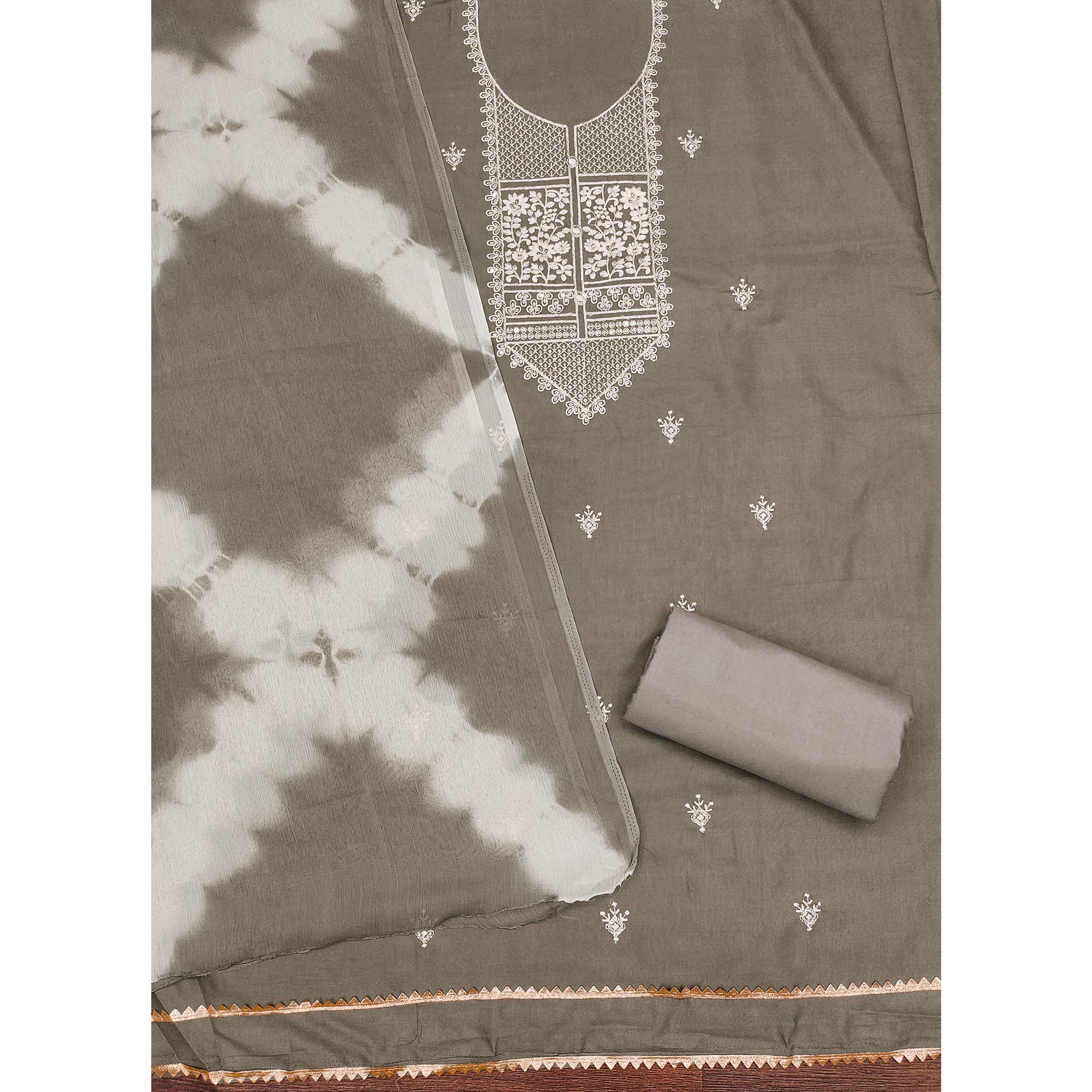 Grey Floral Thread Embroidered Cotton Blend Dress Material With Sequins Work
