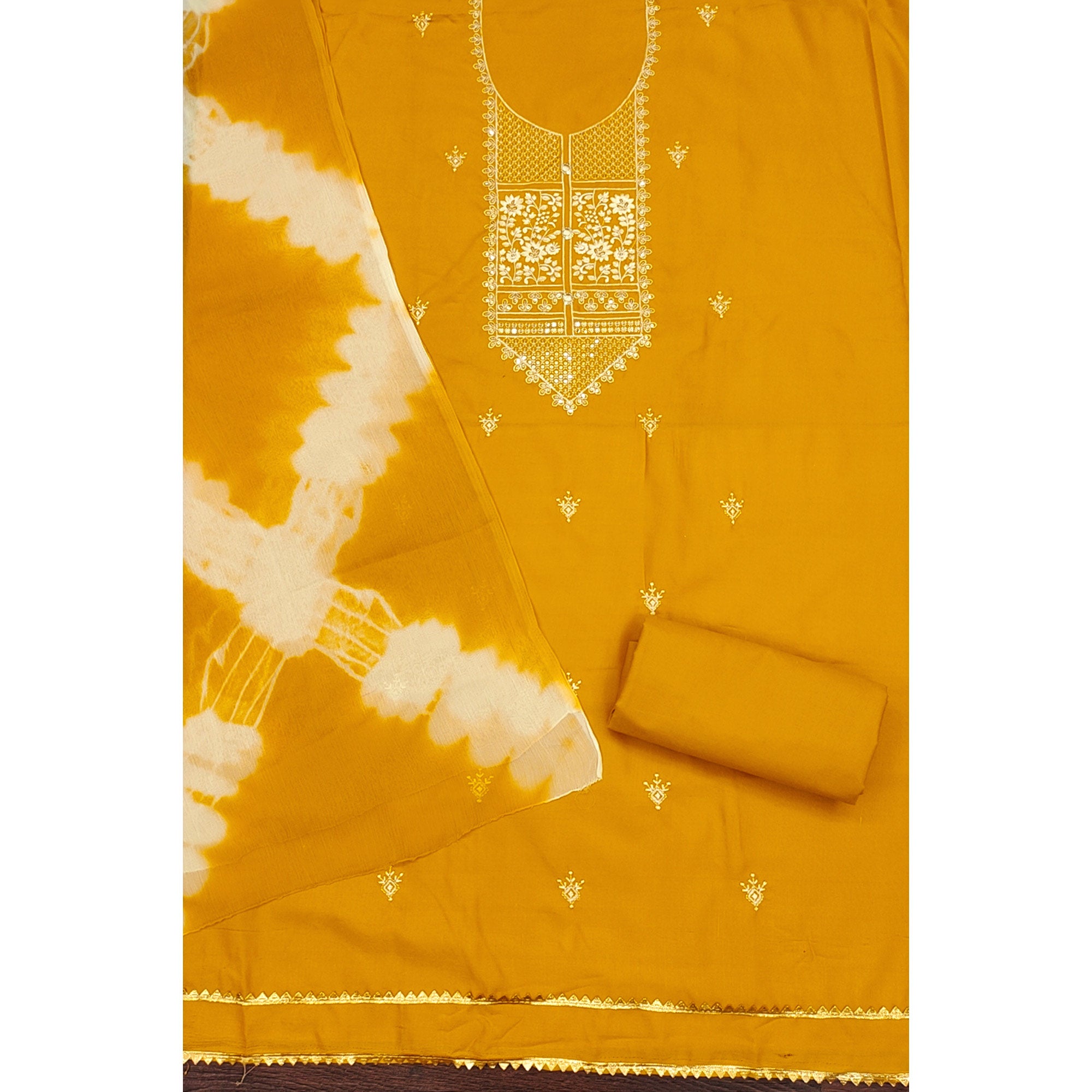 Mustard Floral Thread Embroidered Cotton Blend Dress Material With Sequins Work
