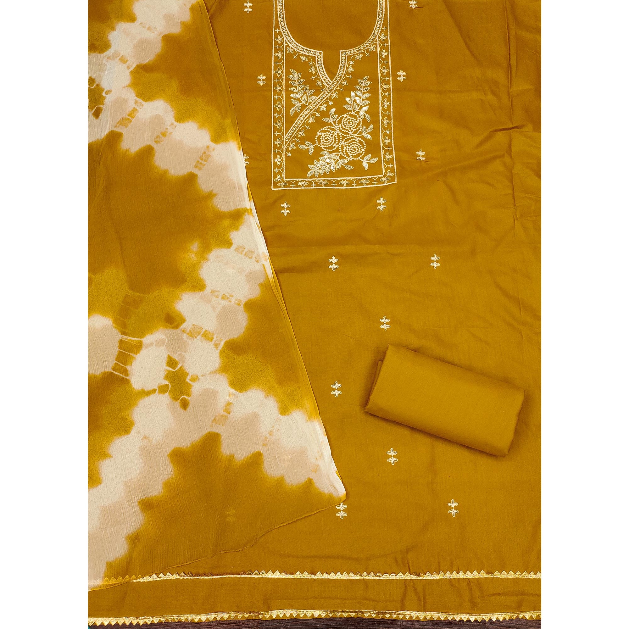 Mustard Cotton Blend Dress Material Highlighted With Floral Thread & Sequins Work