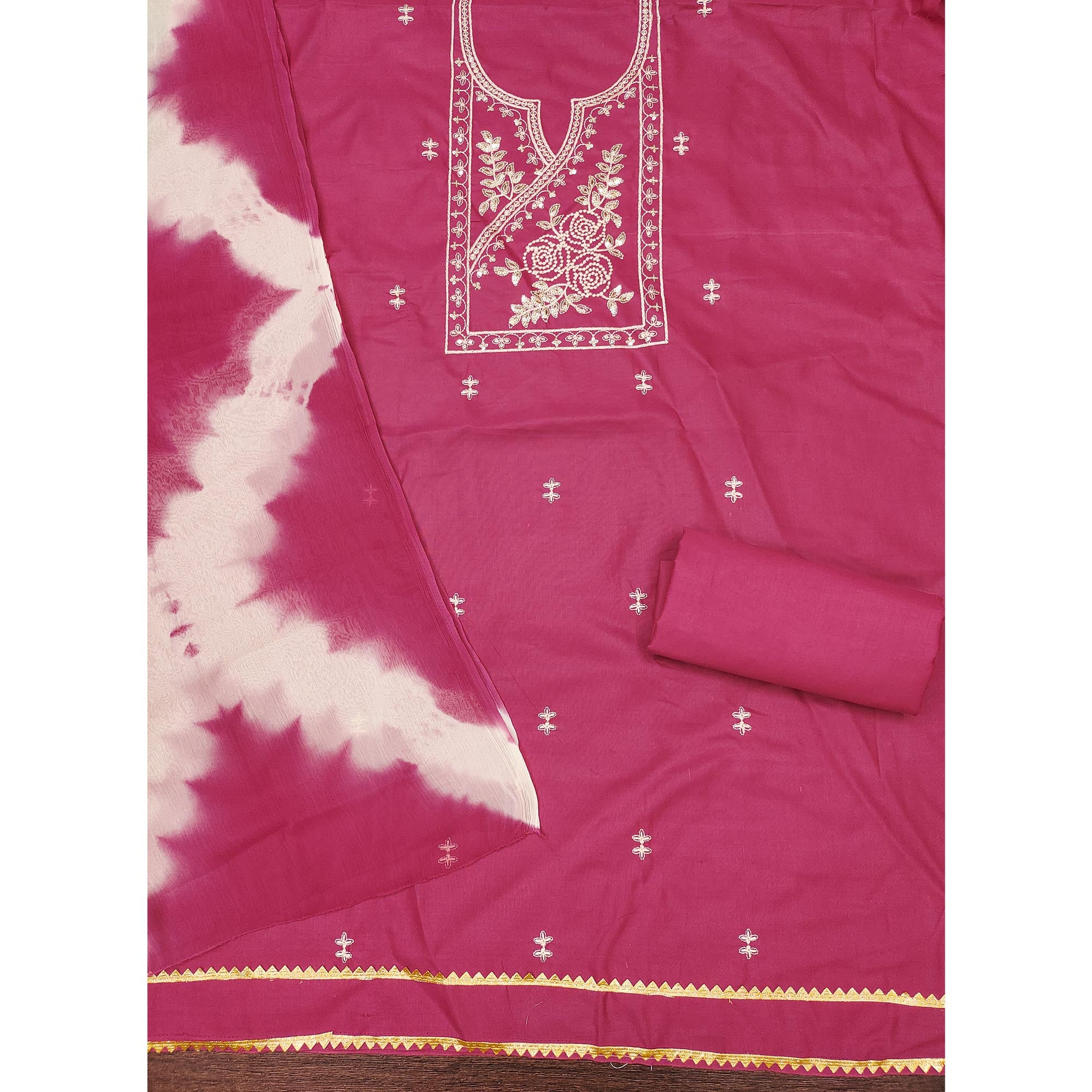 Pink Cotton Blend Dress Material Highlighted With Floral Thread & Sequins Work