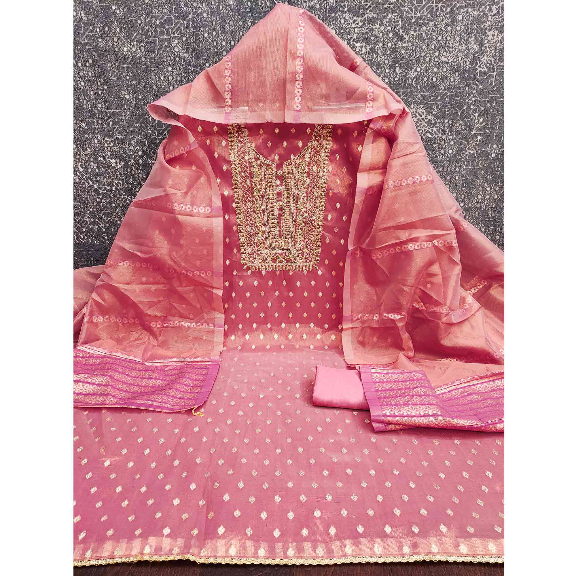 Classic Pink Butti Weaving Shimmer Dress Material Enhanced With Sequins Cording Embroidery