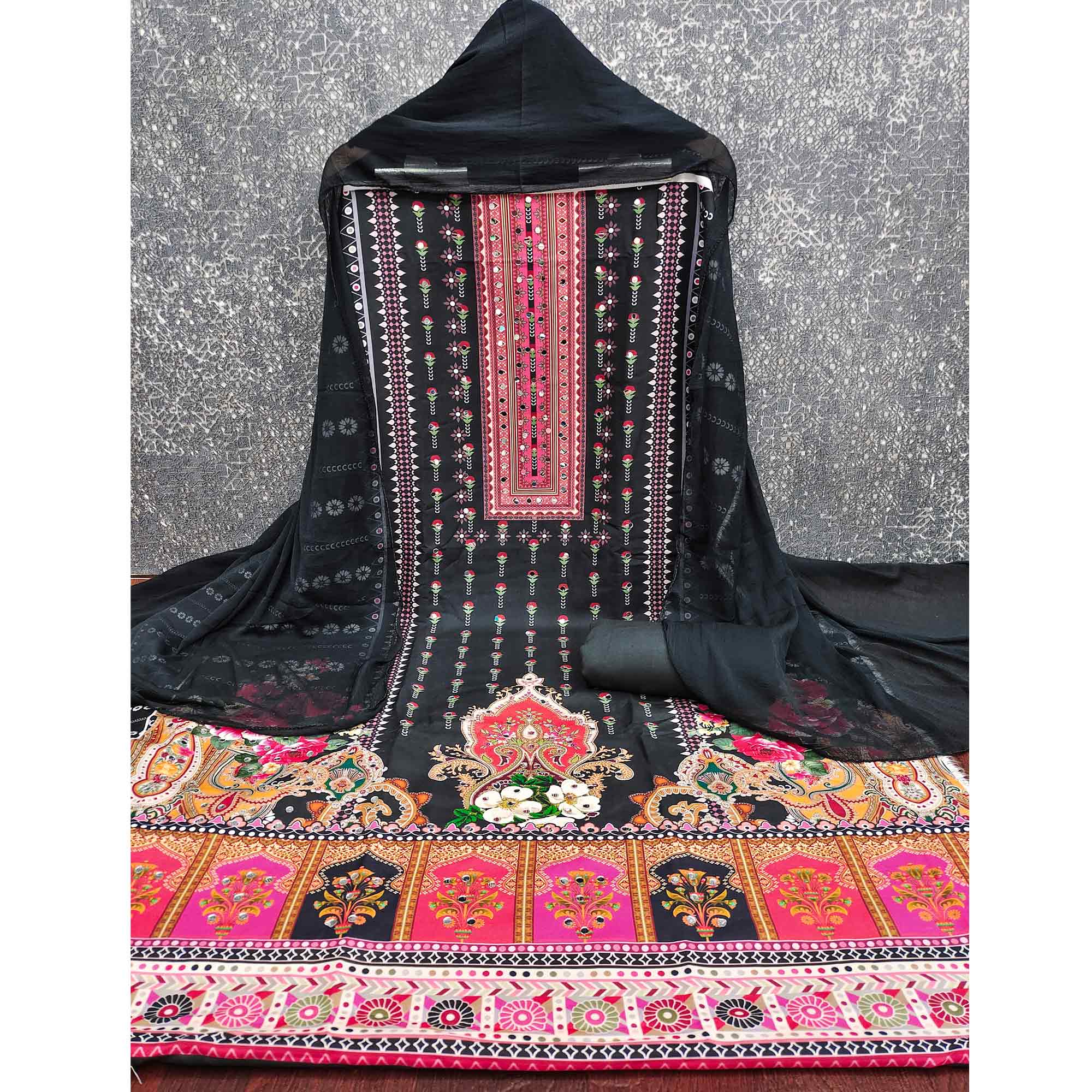 Black Floral Printed Rayon Fabric Set with Decorative Mirror Work for a Festive Look