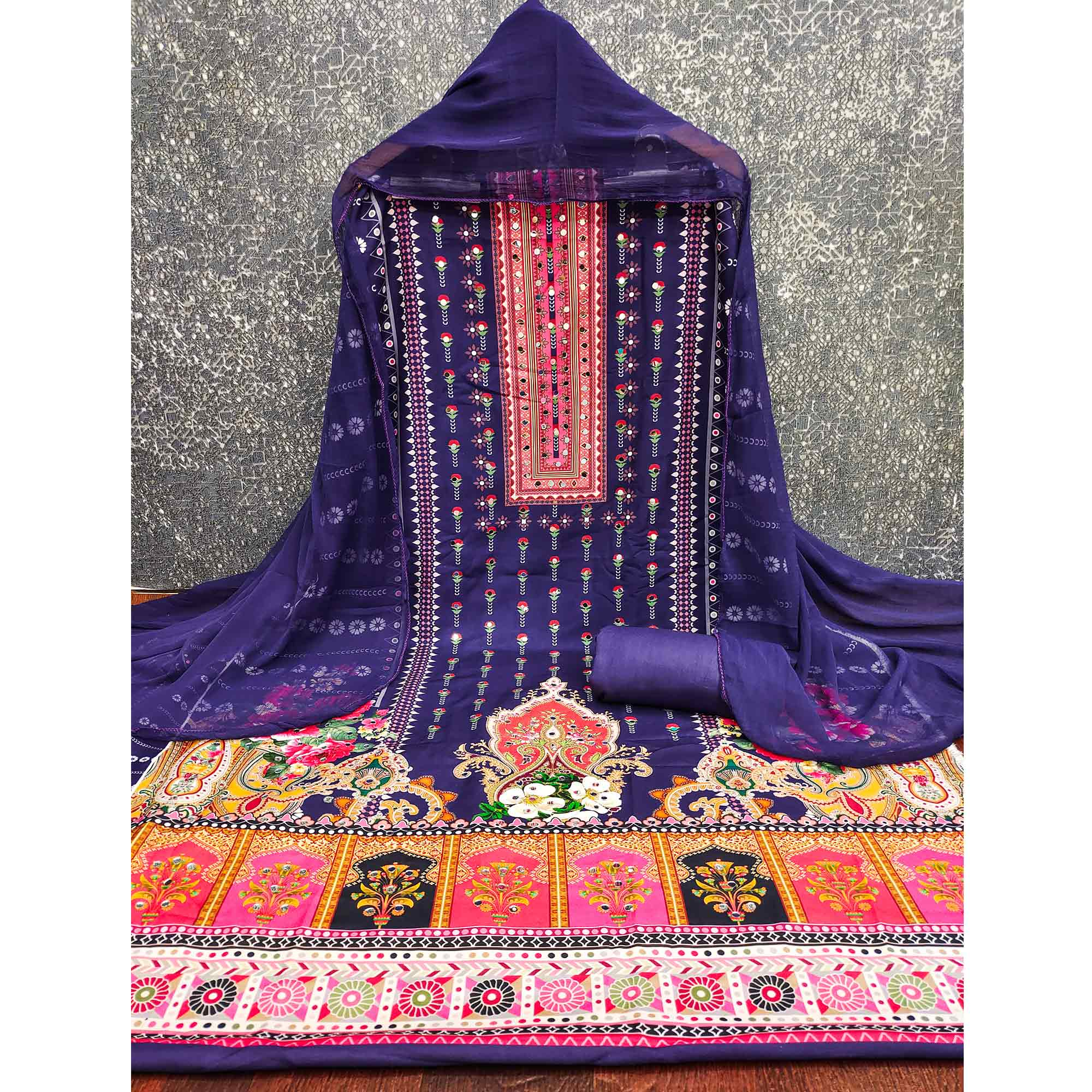 Purple Floral Printed Rayon Fabric Set with Decorative Mirror Work for a Festive Look