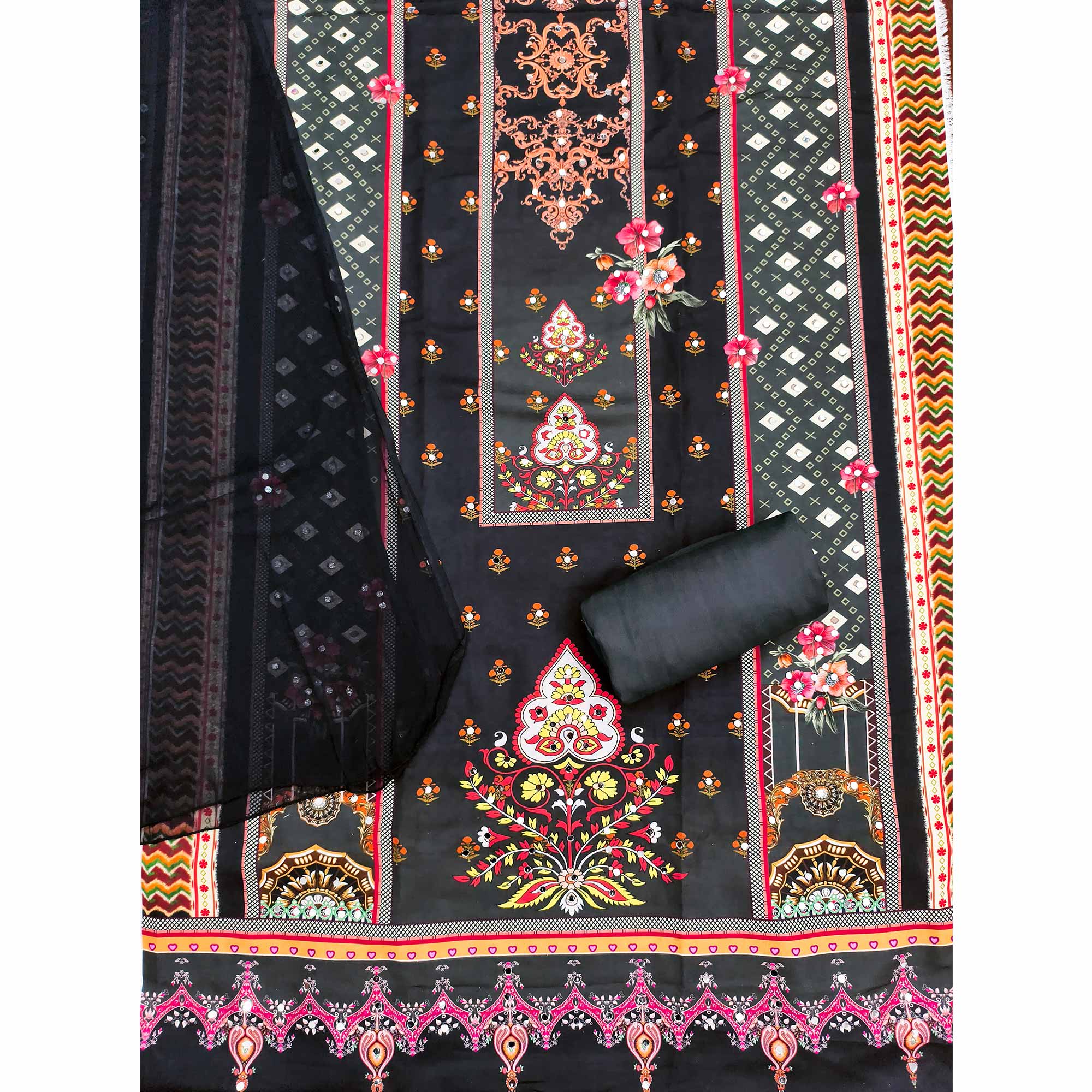 Black & Orange Floral Digital Printed Rayon Dress Material Enhanced With Mirror Work