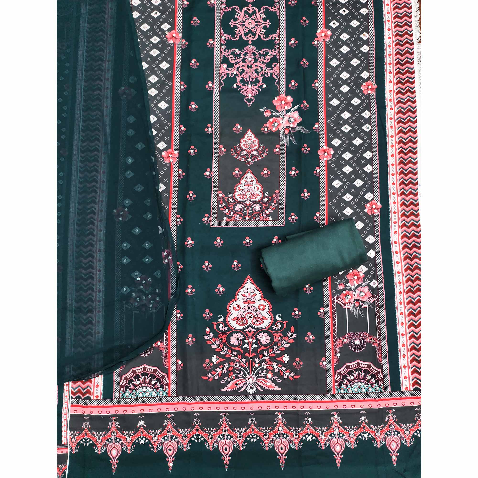 Green Floral Digital Printed Rayon Dress Material Enhanced With Mirror Work