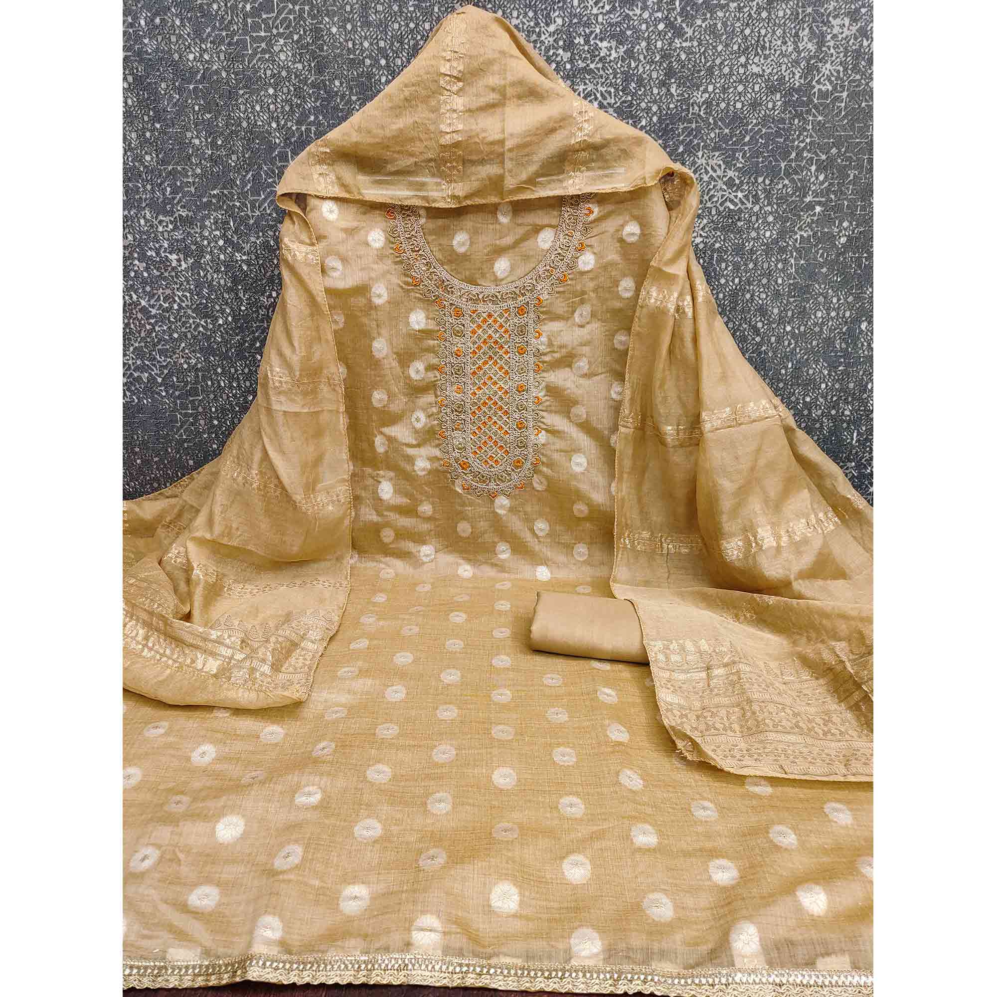 Graceful Beige Jacquard Dress Material Featuring Floral Weaving & Sequins Cording Embroidery