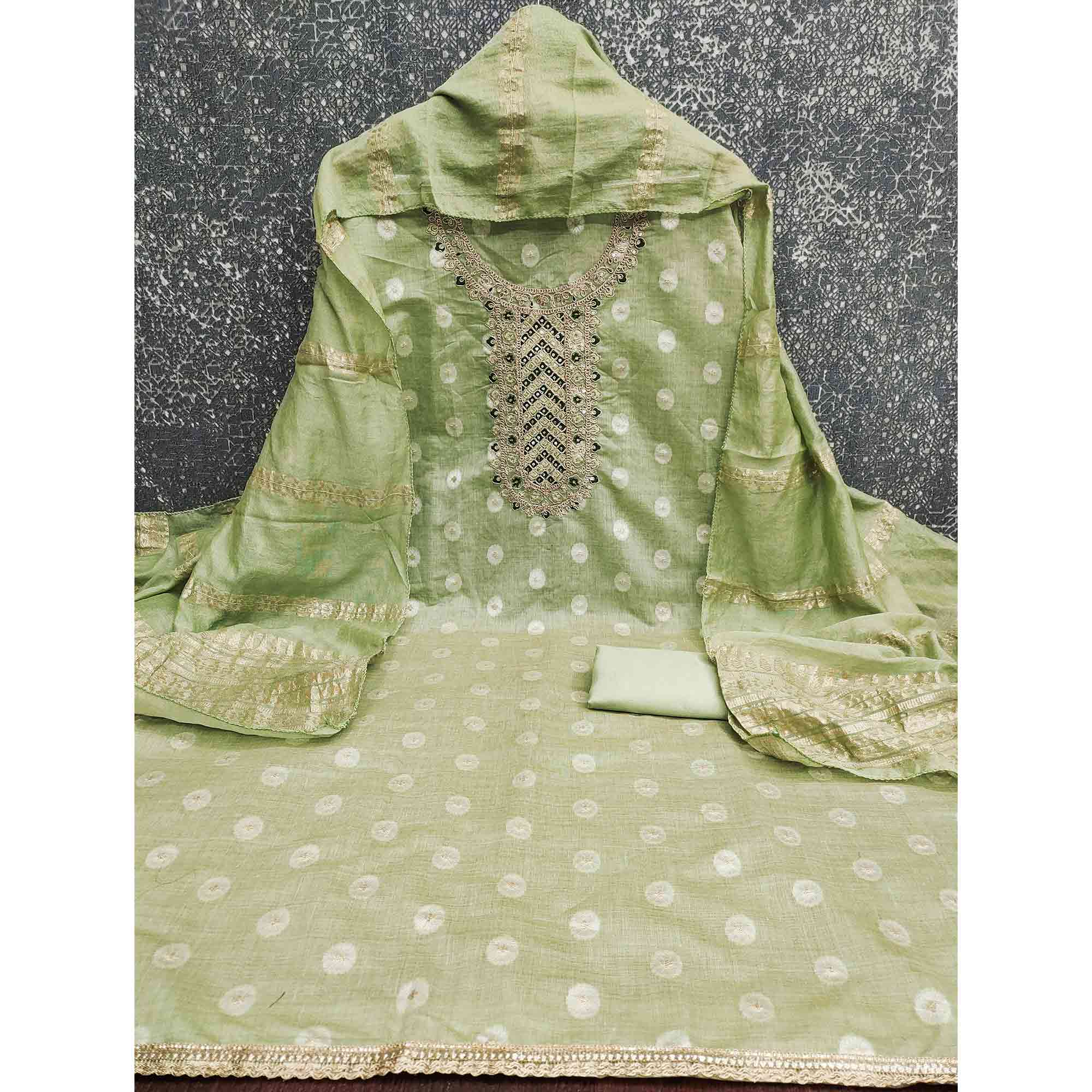 Graceful Pista Green Jacquard Dress Material Featuring Floral Weaving & Sequins Cording Embroidery