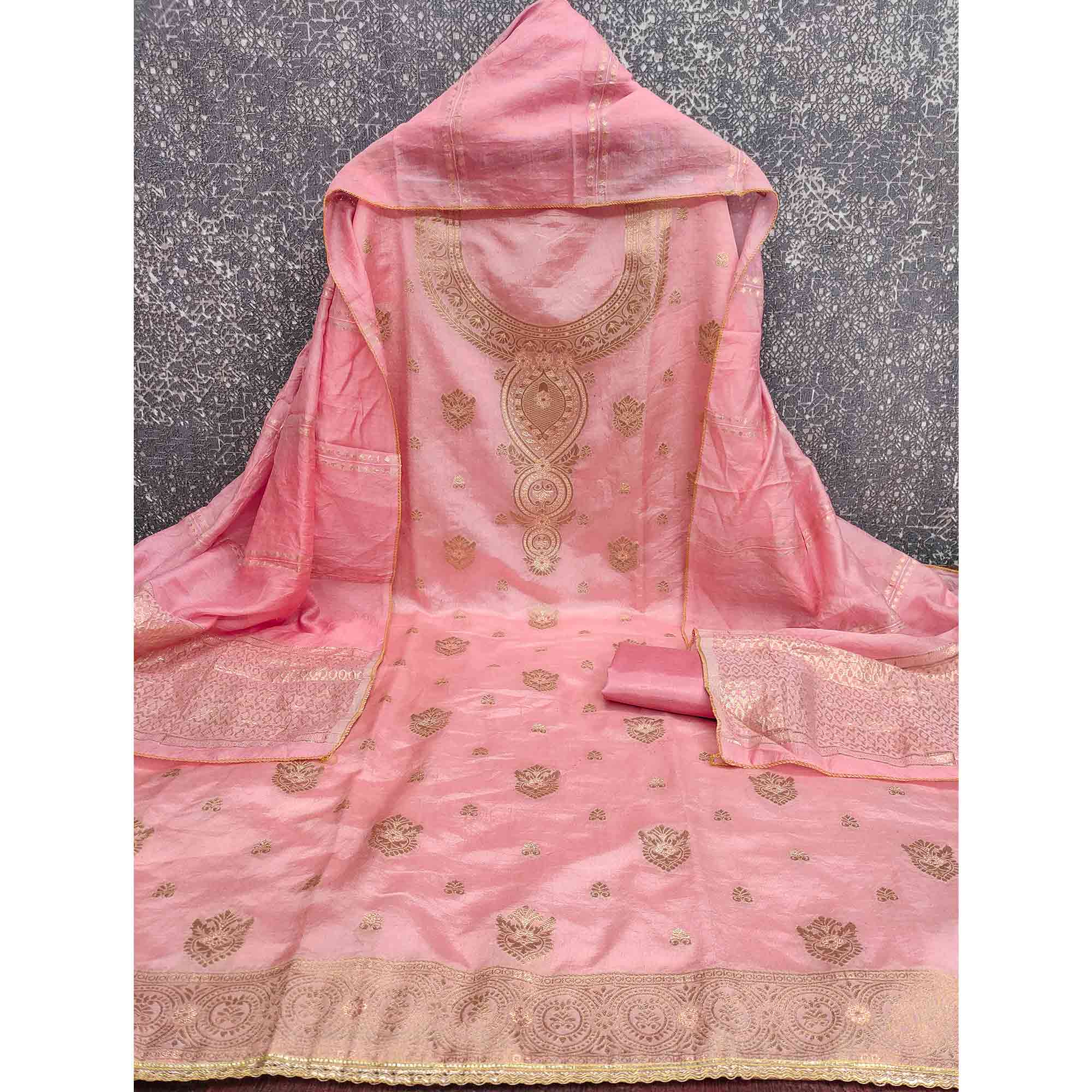 Refined Pink Viscose Jacquard Dress Material Featuring Floral Weaving Work