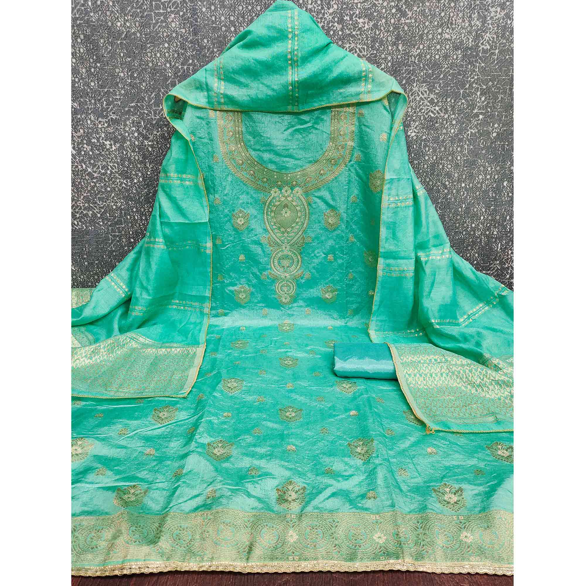 Refined Turquoise Viscose Jacquard Dress Material Featuring Floral Weaving Work