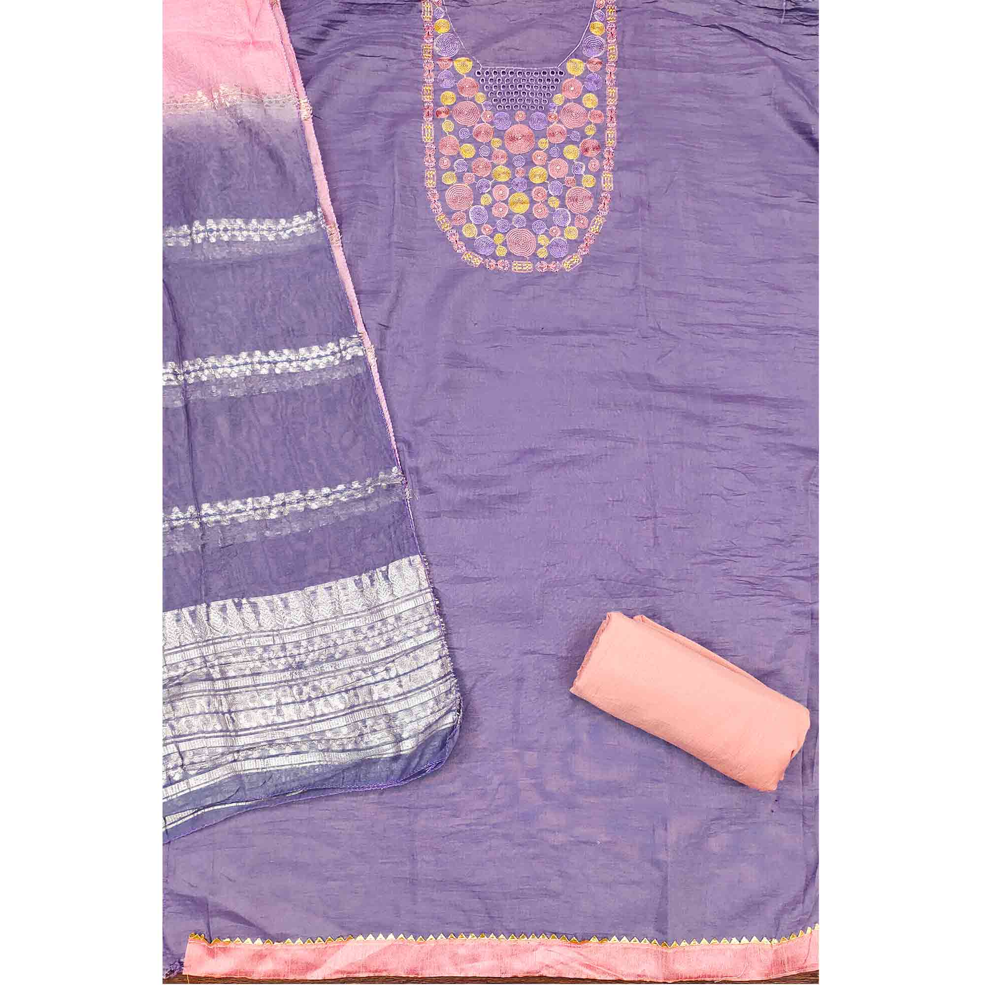 Charming Lavender Thread Embroidered Cotton Blend Dress Material With Sequins & Gota Patti Accents