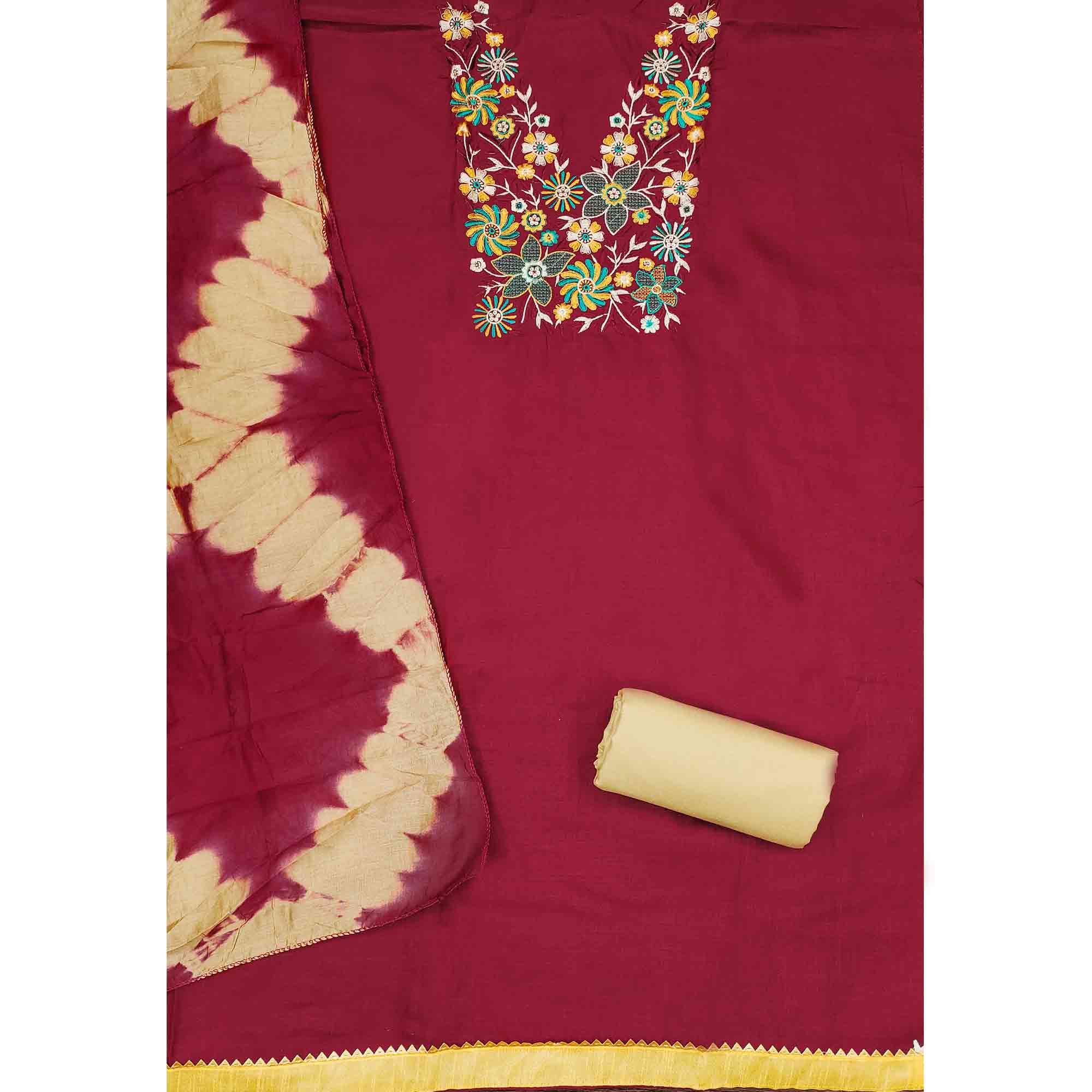 Elegant Maroon Floral Thread Embroidered Cotton Blend Dress Material With Gota Patti Work